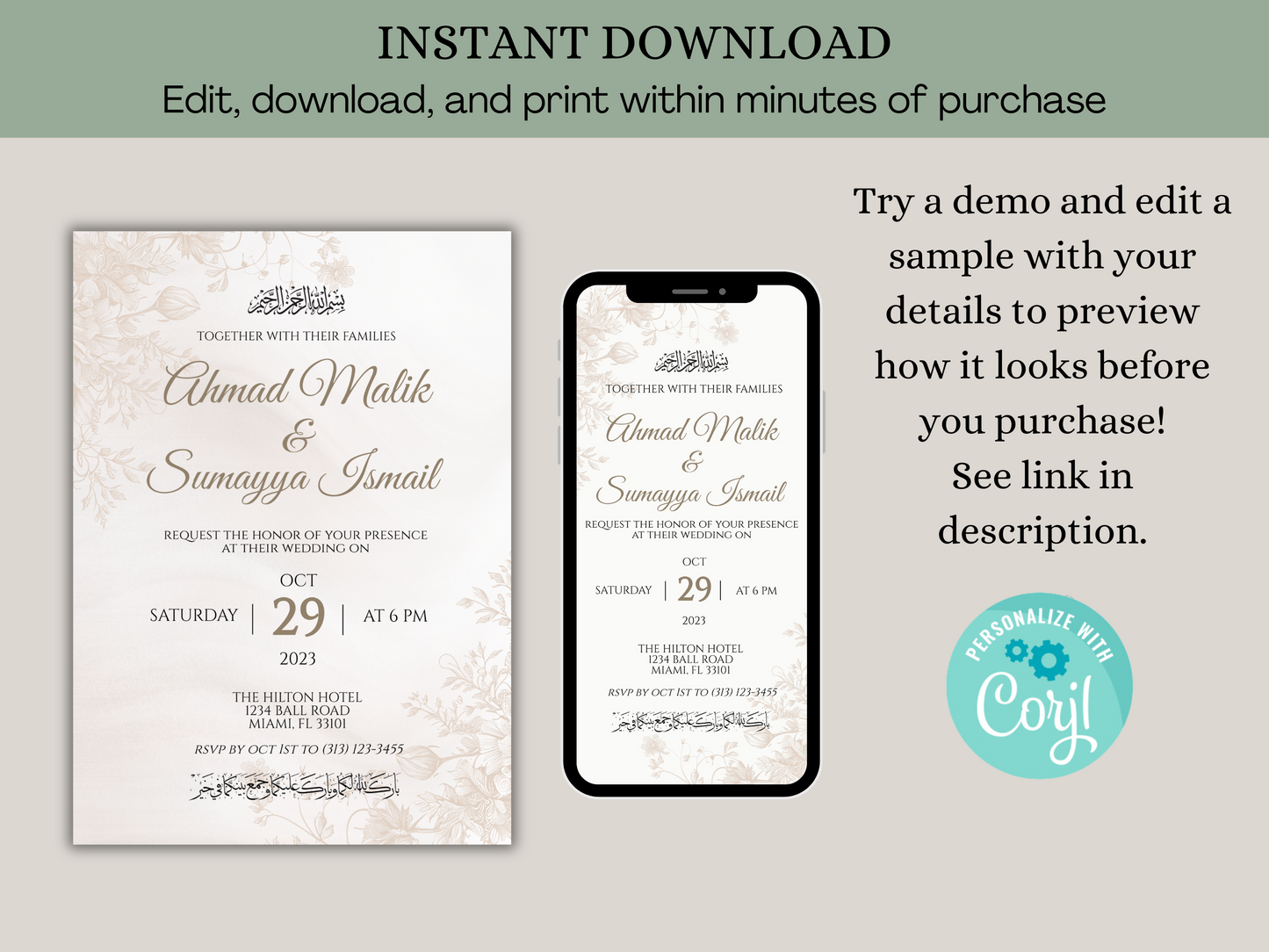 Instantly download your wedding invitation islamic and download within minutes of purchase.