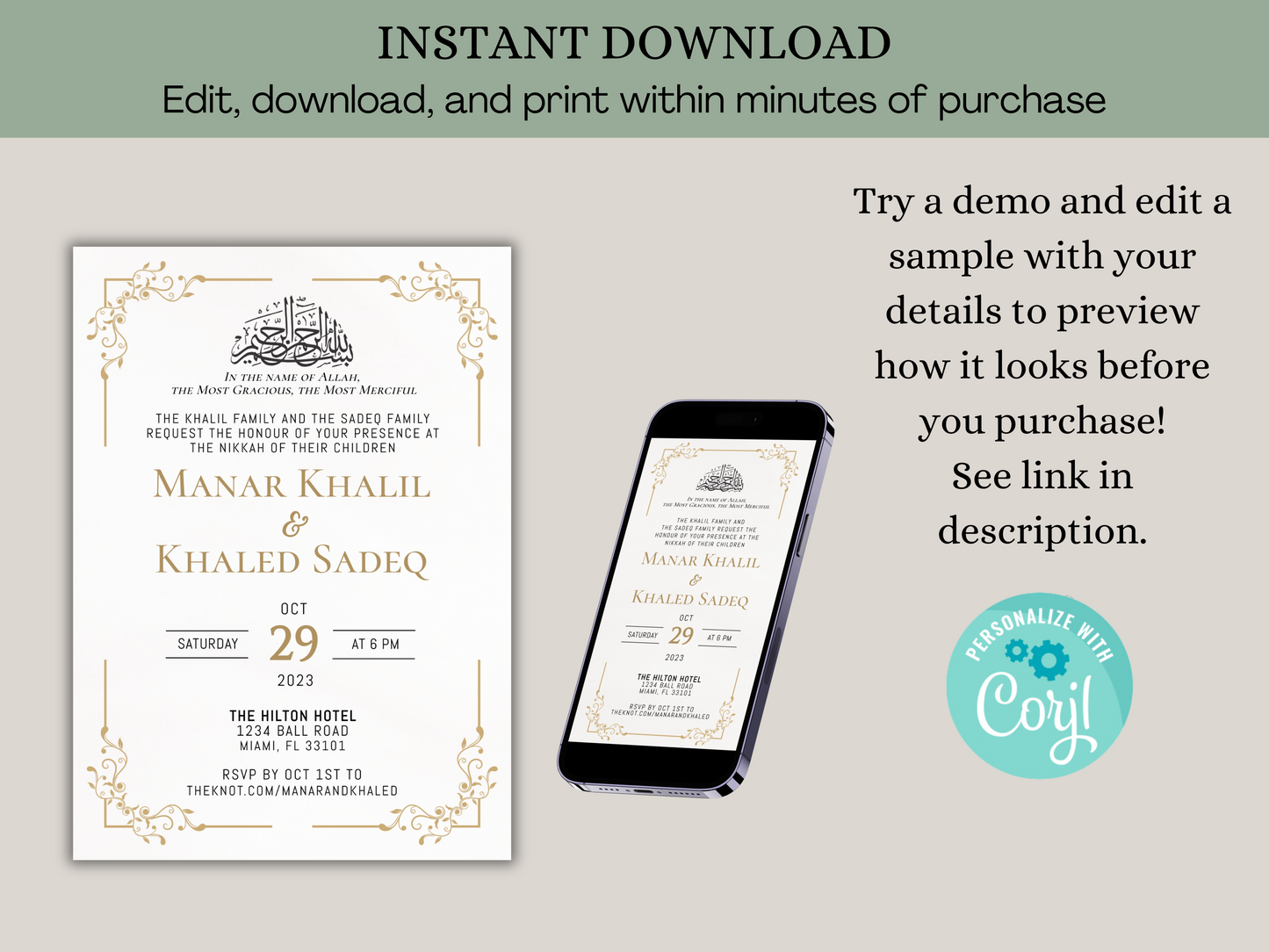 edit, download, and print invitation within minutes of purchase.