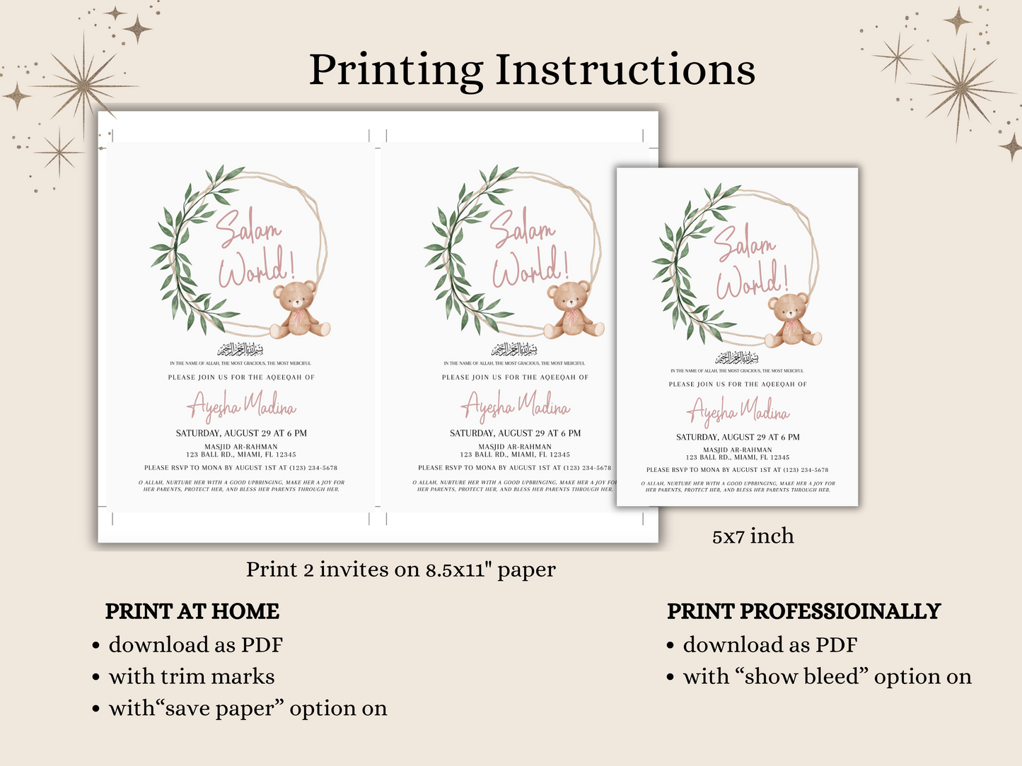 printing instructions for aqeeqah baby invitation