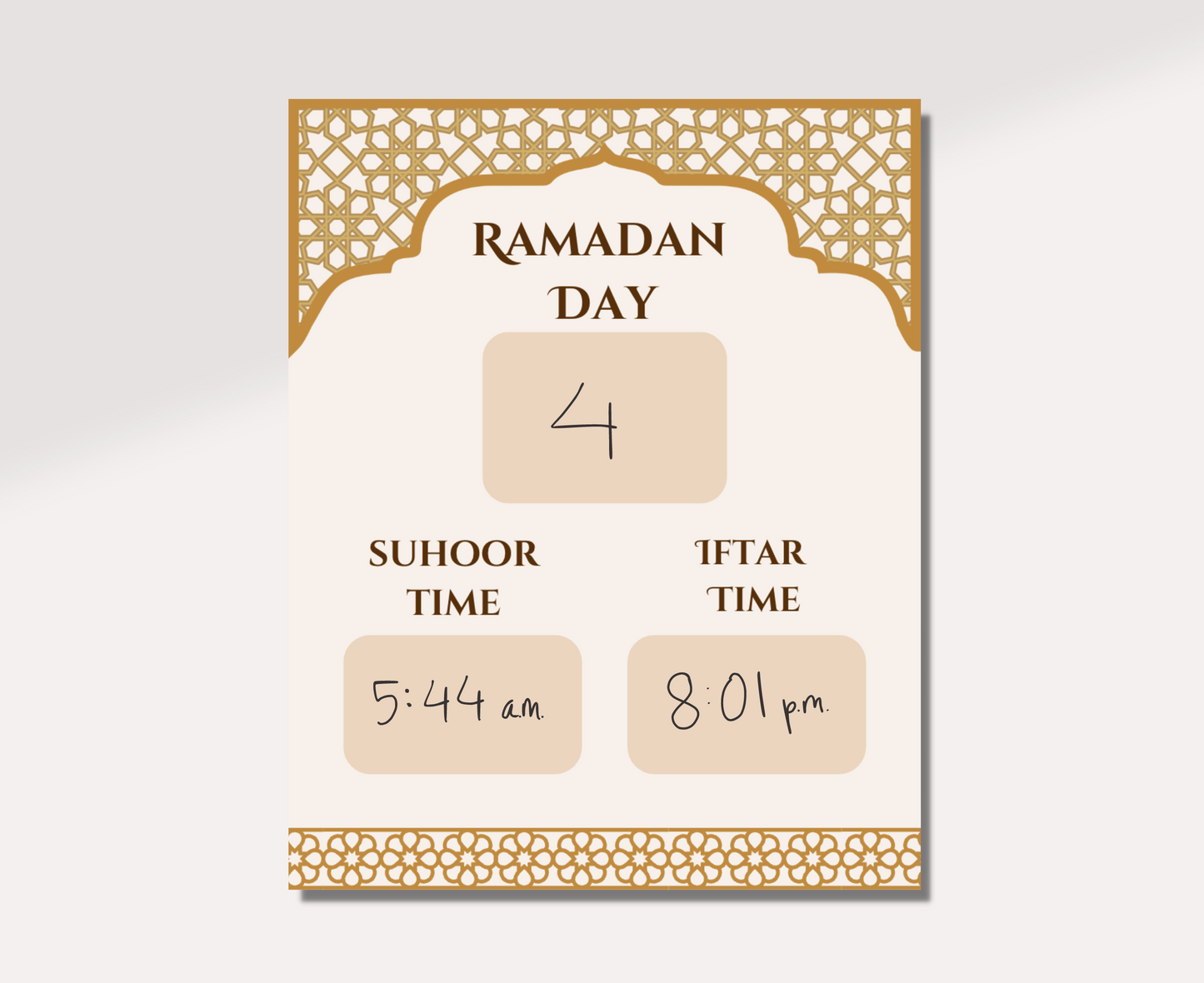 Ramadan Calendar Tracker with "4" written under Ramadan Day and "5:44 a.m." written under Suhoor Time and "8:01 p.m." written under Iftar Time.