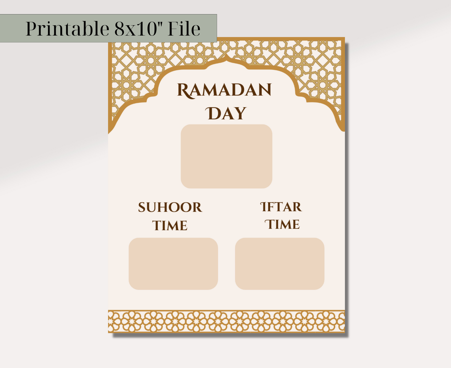 Ramadan Calendar Tracker print displayed on a wooden background. It has Ramadan Day, Suhoor Time, and Iftar Time.