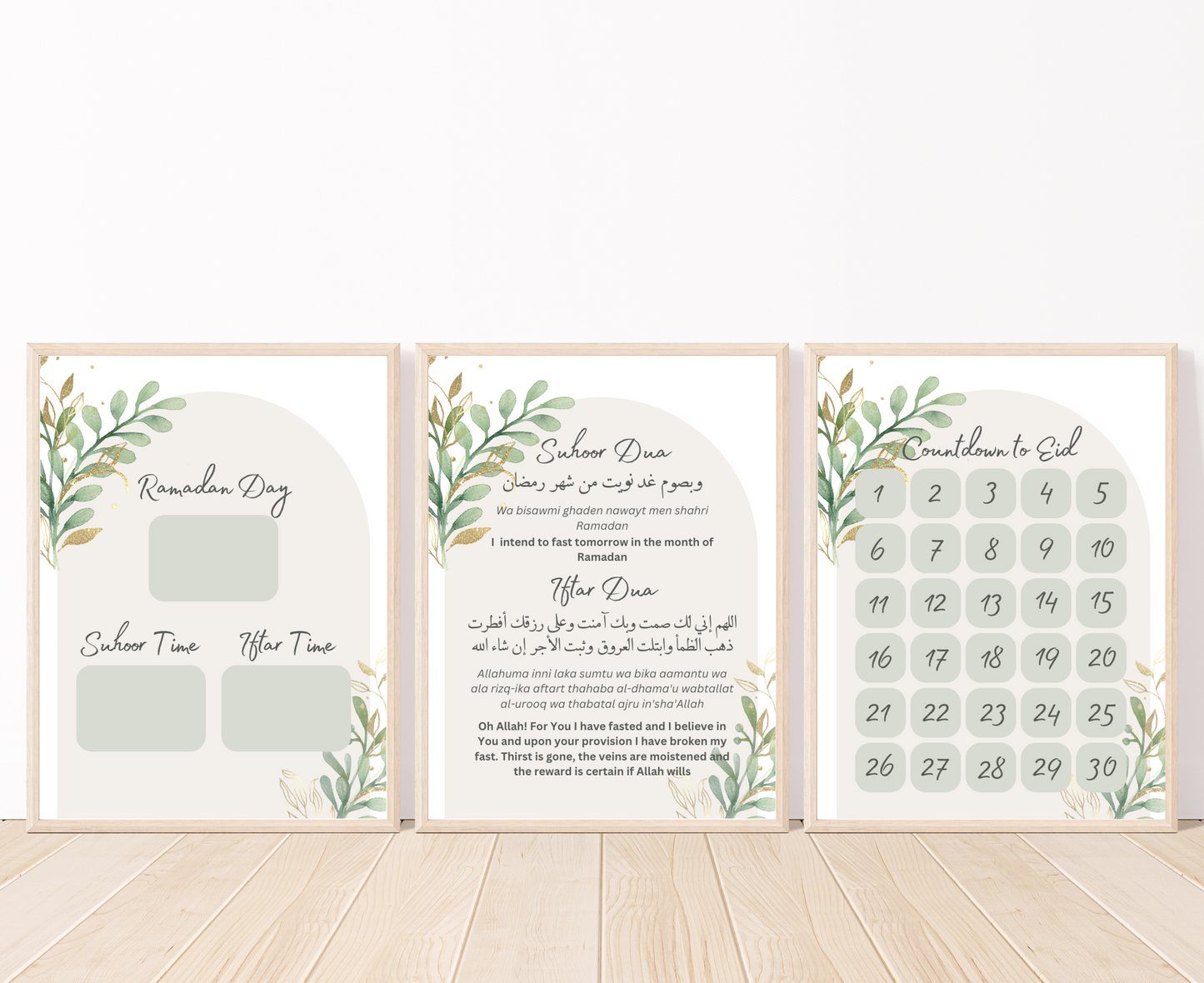 Three framed Ramadan Decoration printables. First frame has suhoor and iftar dua in Arabic and English, second frame shows Ramadan Calendar Tracker, and third frame shows Countdown to Eid.