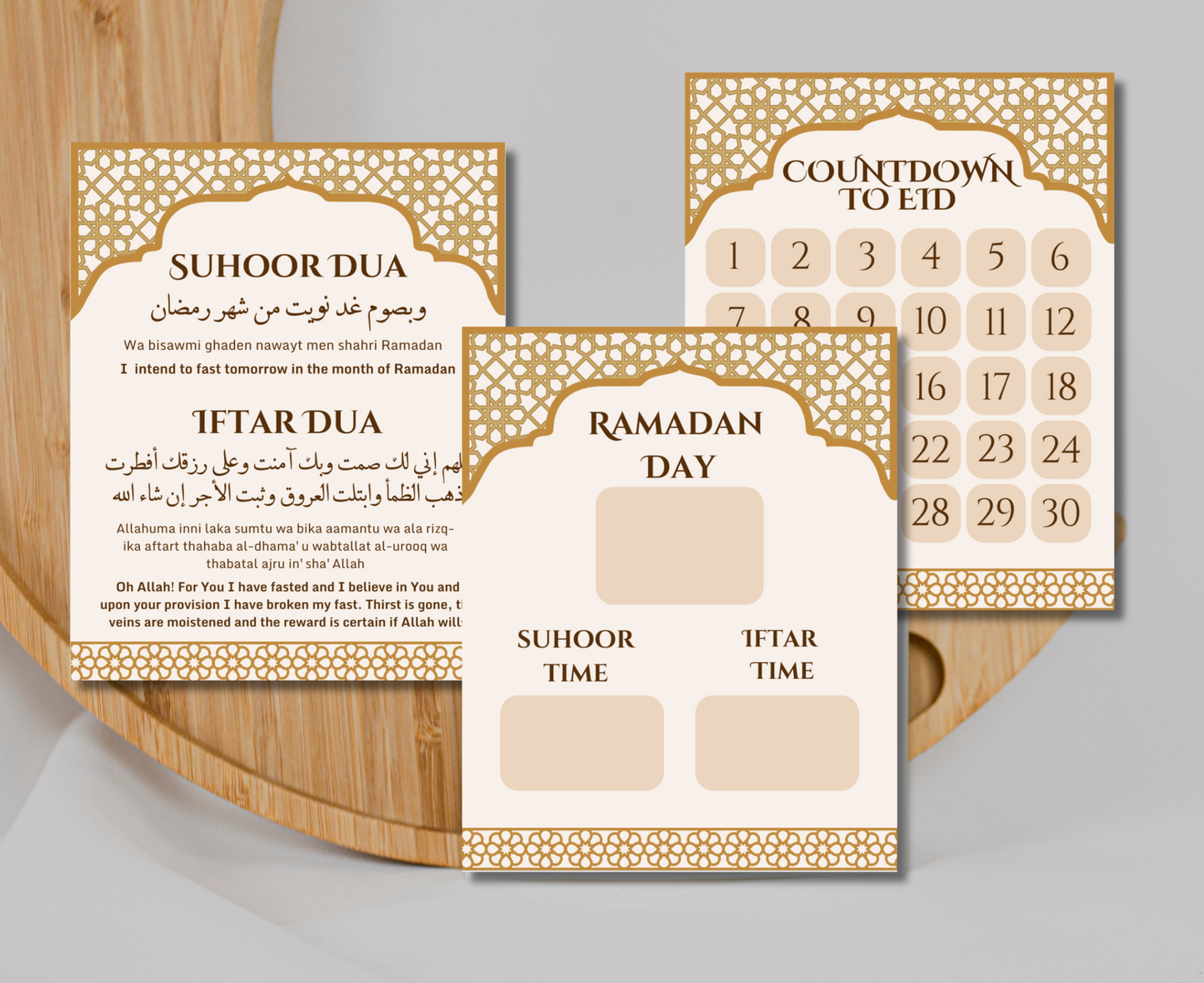 Three framed Ramadan Decoration printables. First frame has suhoor and iftar dua in Arabic and English, second frame shows Ramadan Calendar Tracker, and third frame shows Countdown to Eid.