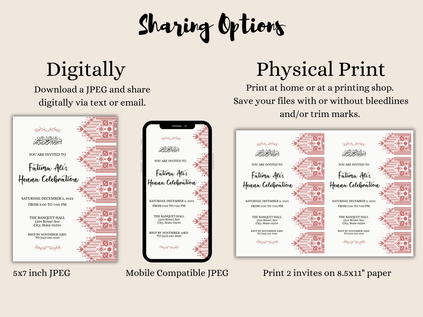 Invitation Card Muslim Marriage with physical and digital sharing options.