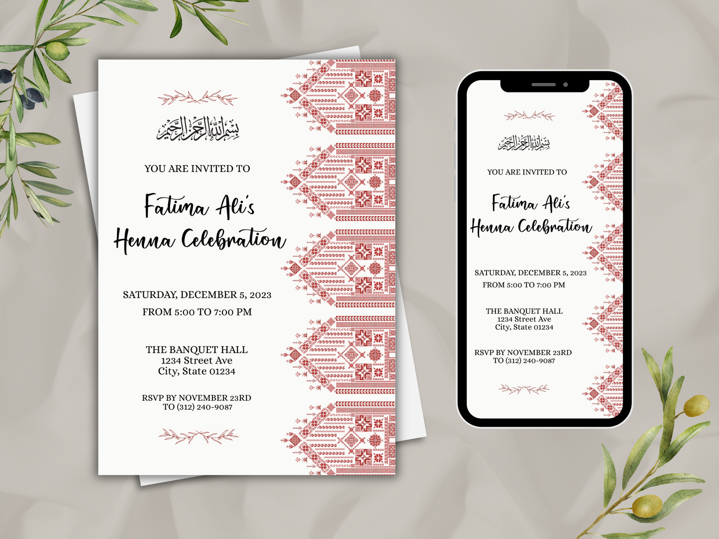 Red Palestinian Henna Islamic Wedding Invitation Card with Mobile Template.