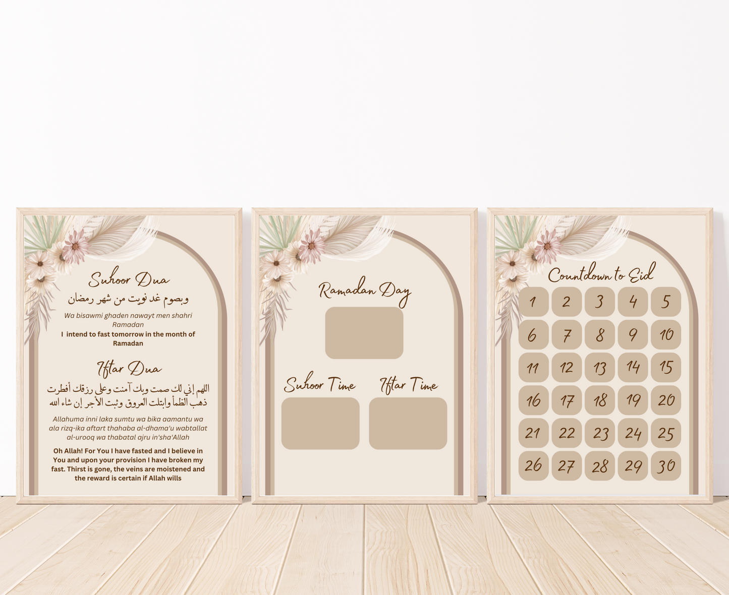 Three framed Ramadan Decoration printables. First frame has suhoor and iftar dua in Arabic and English, second frame shows Ramadan Calendar Tracker, and third frame shows Countdown to Eid.