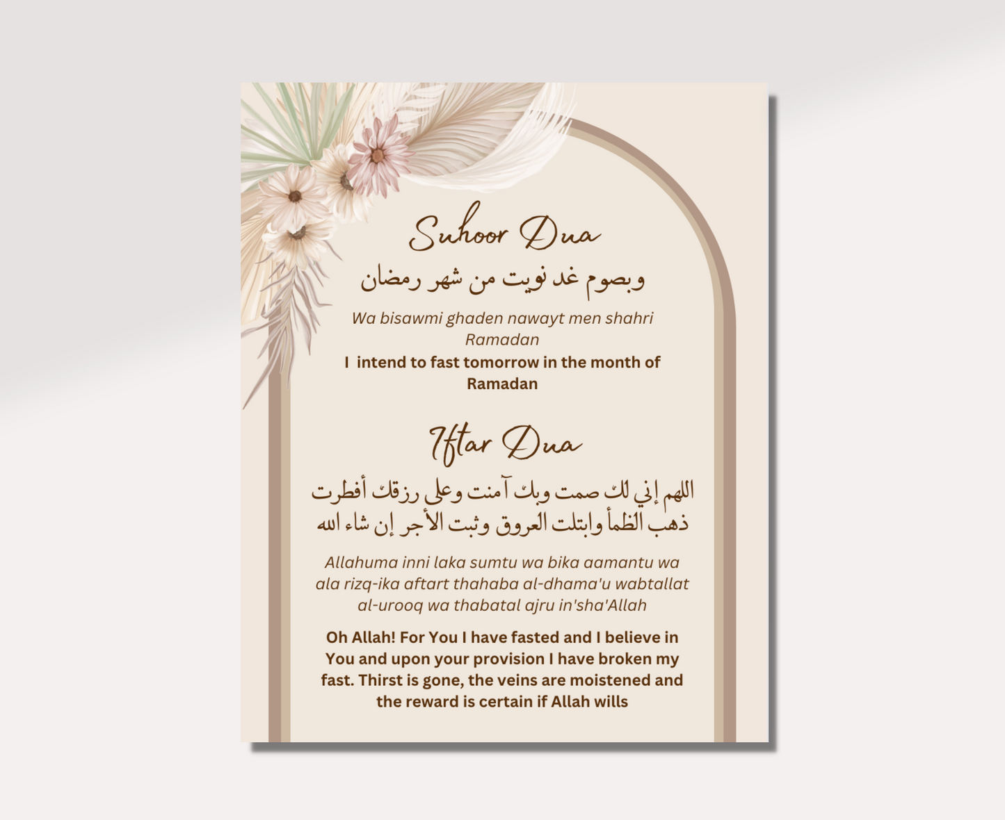 Ramadan Suhoor Dua and Iftar Dua, in Arabic, English, and Transliteration.