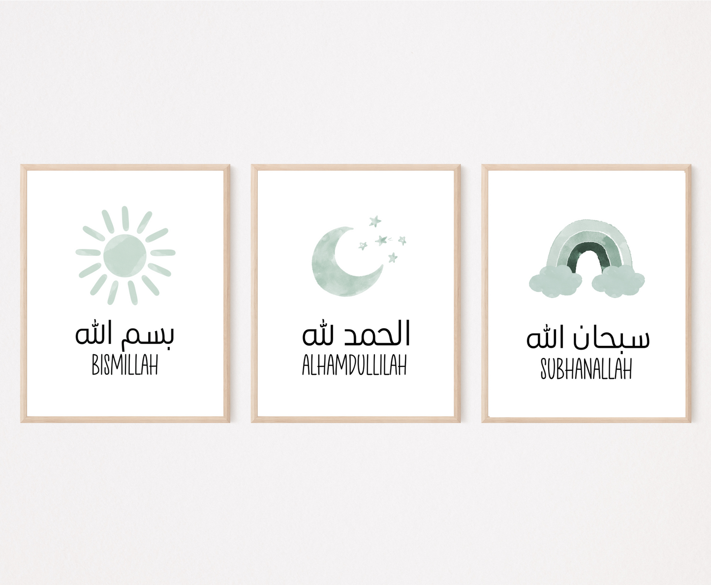 An image showing three digital print graphics. The first one is for a baby green sun with “Bismillah” written in both Arabic and English. The second one shows a graphic of a baby green crescent and some tiny stars with “Alhamdulillah” written in both Arabic and English right below. The last one is a baby green rainbow with “Subhanallah” in both Arabic and English written just below it.