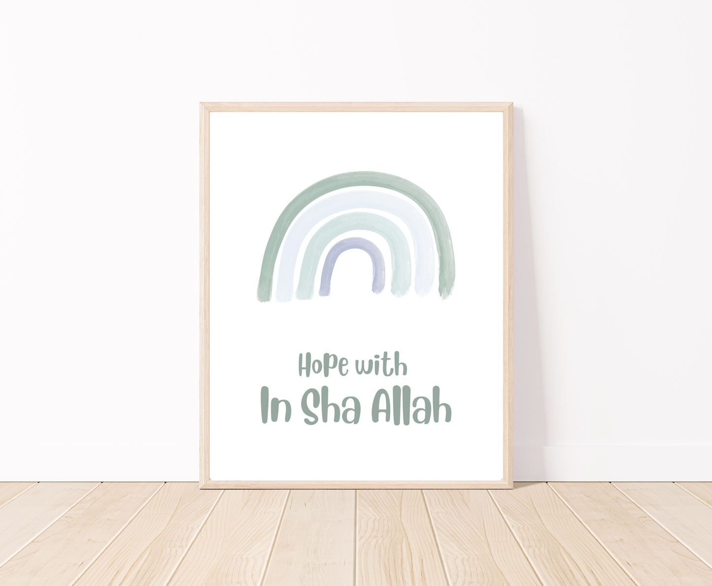A digital poster that is placed on a white wall and parquet flooring shows a baby green rainbow with “Hope with In Sha Allah” written just below it.