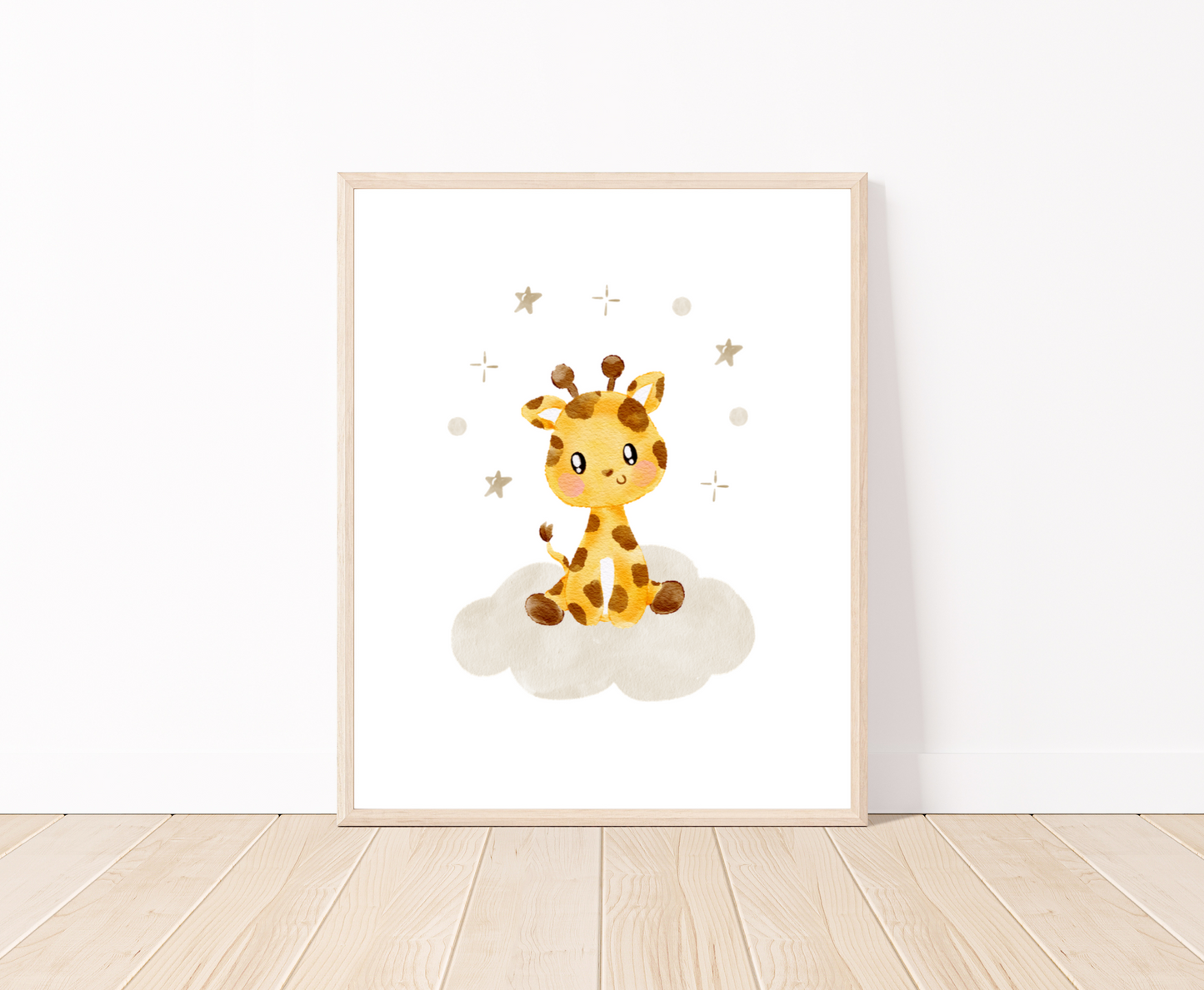 A digital print placed on a white wall and parquet flooring showing a design for a cute baby giraffe sitting on a grey cloud with mini stars surrounding its head
