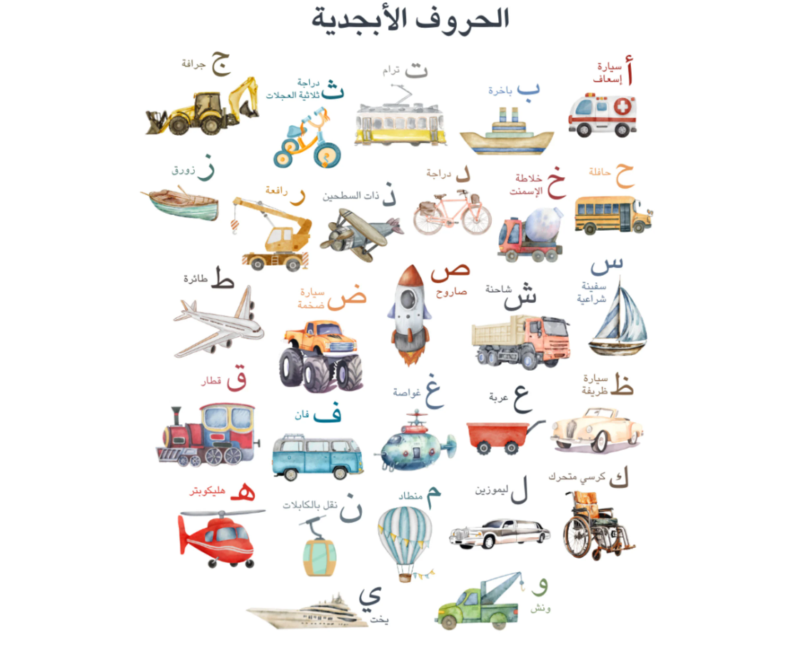 arabic letters poster cars and trains