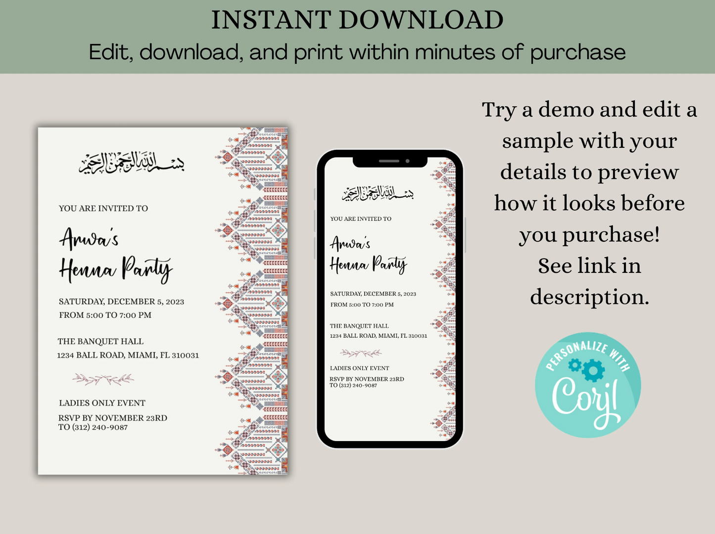 Muslim wedding card design for palestinian henna