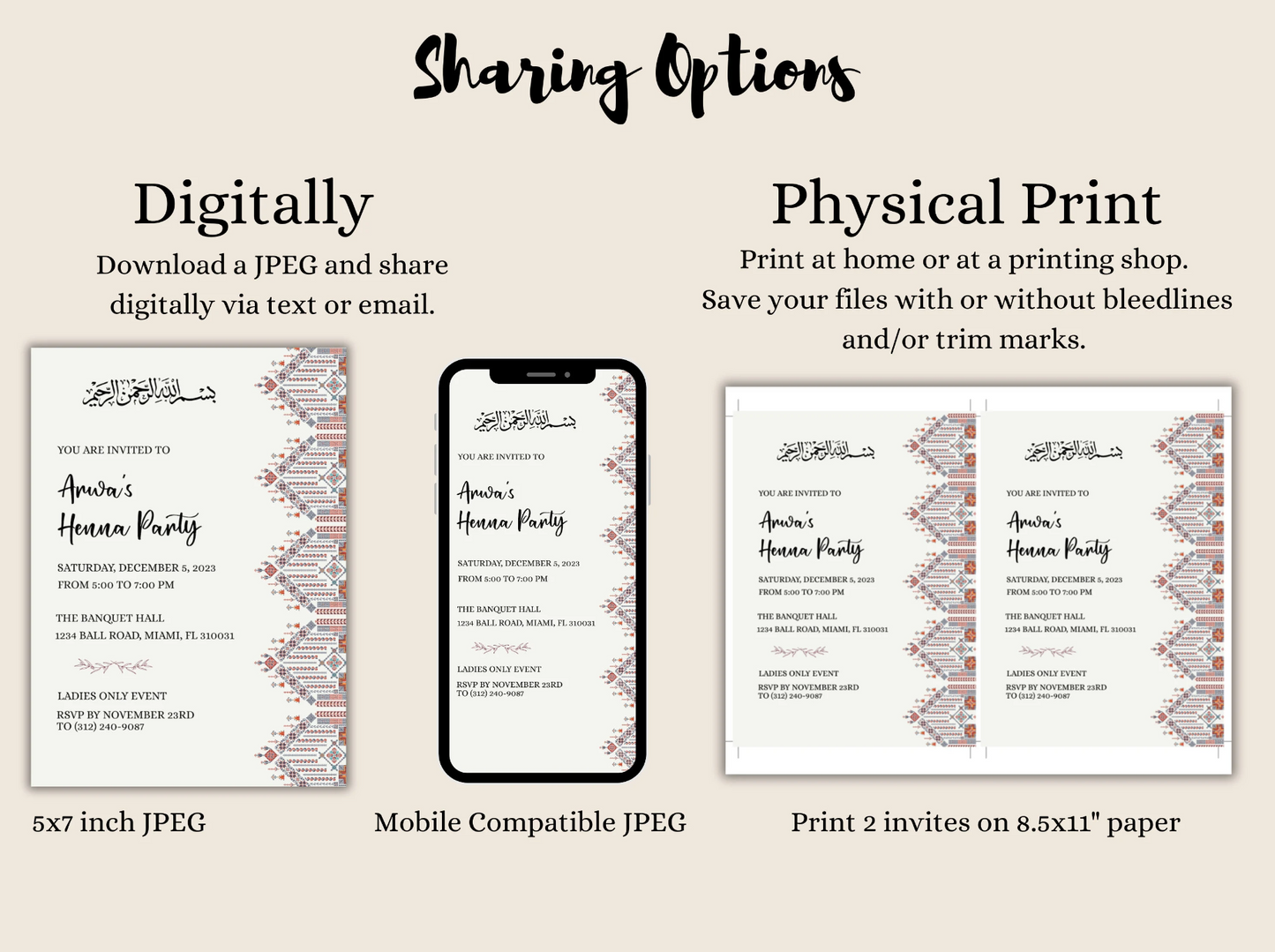 Sharing Options for Henna Invitation with Digital and Physical Options.
