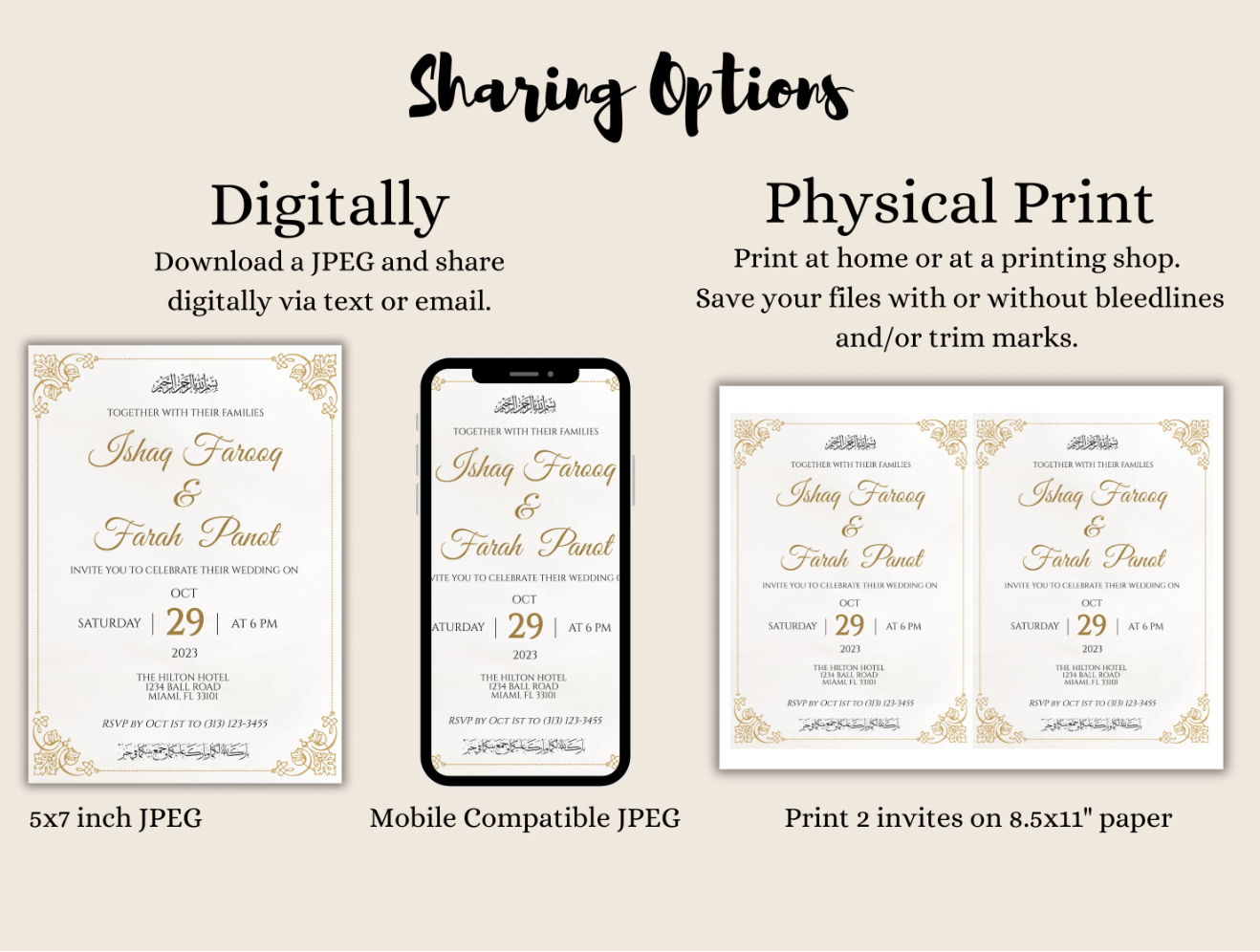 Sharing options for a muslim wedding card with a digital option and a physical option.
