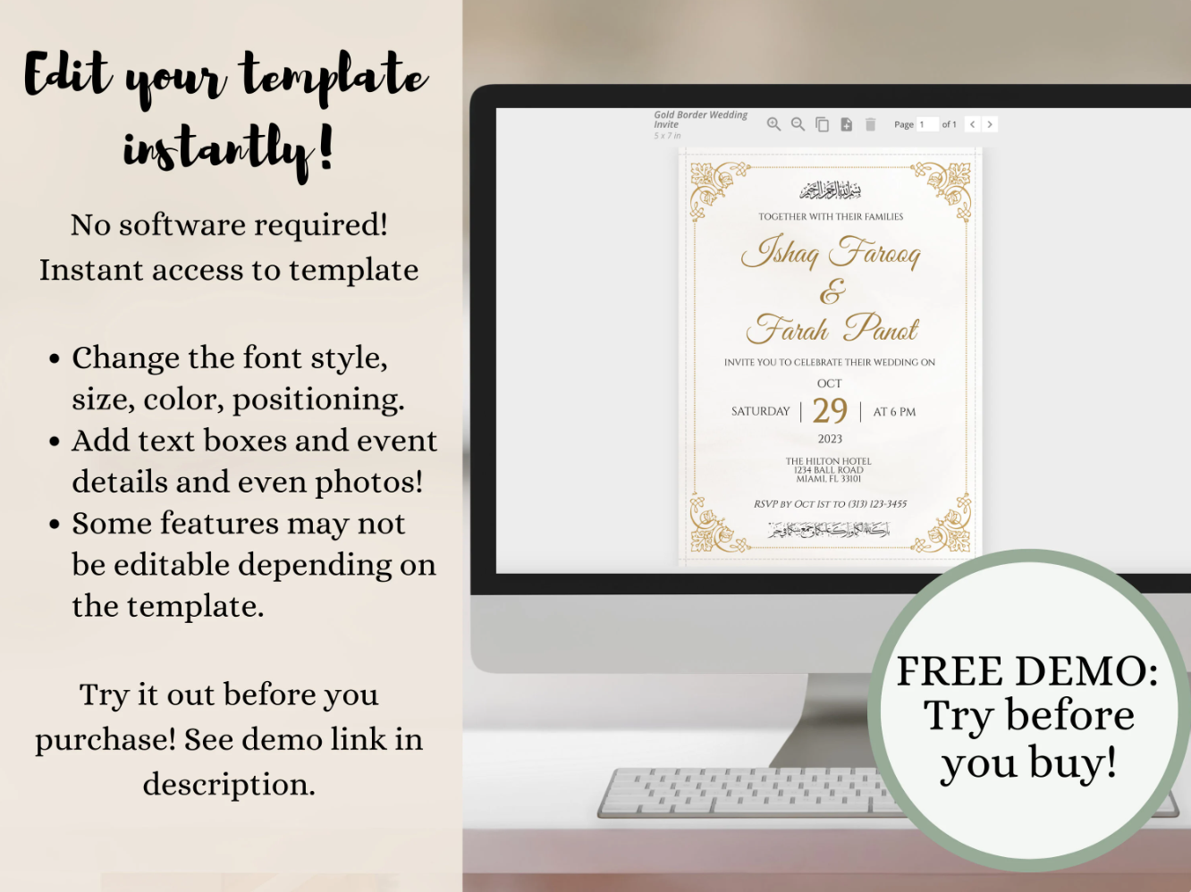 Edit template instantly for gold border muslim wedding card.