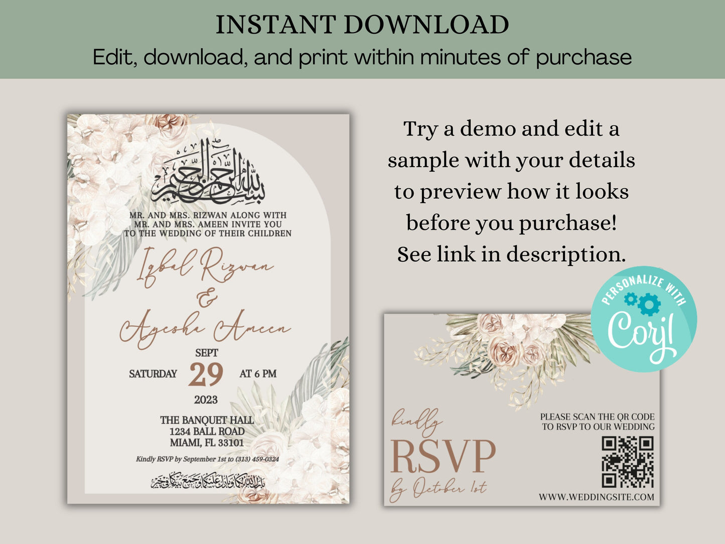 boho muslim marriage invitation card design
