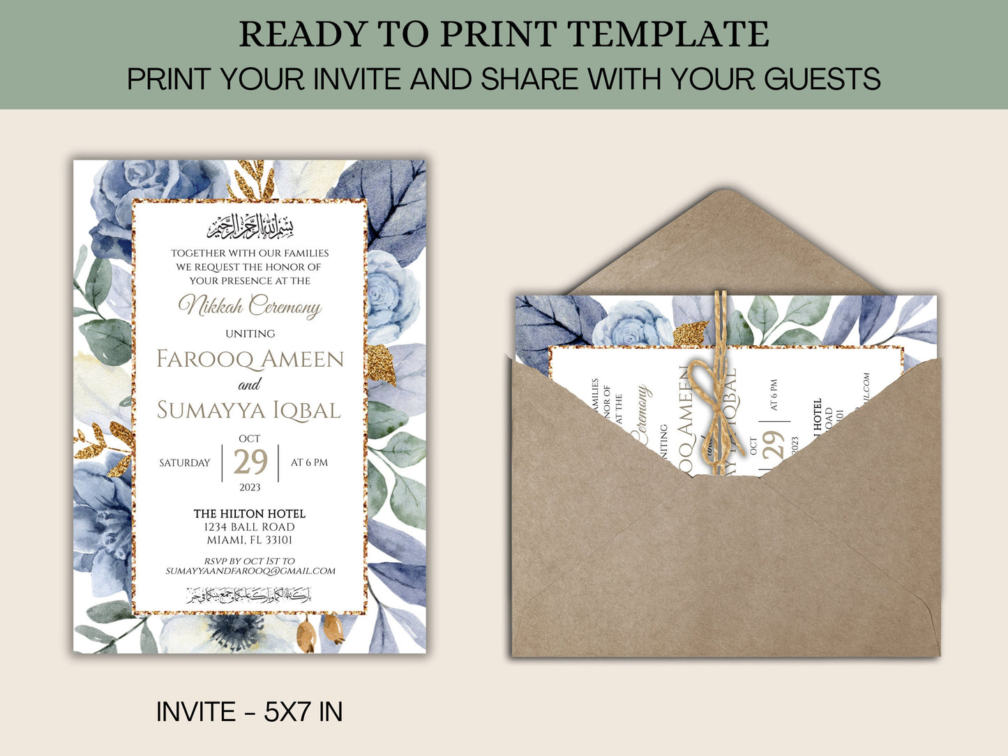 Ready to print islamic wedding invitation template and invitation inside envelope.