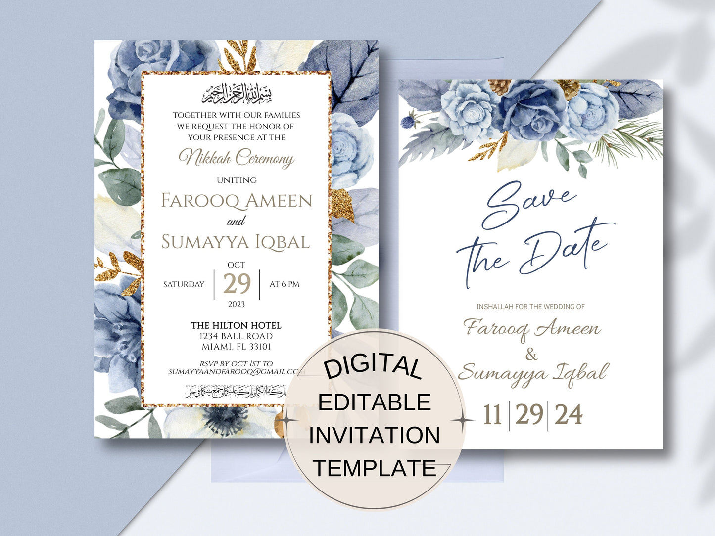 Digital editable muslim wedding invitations that are dusty floral blue with save the date card.