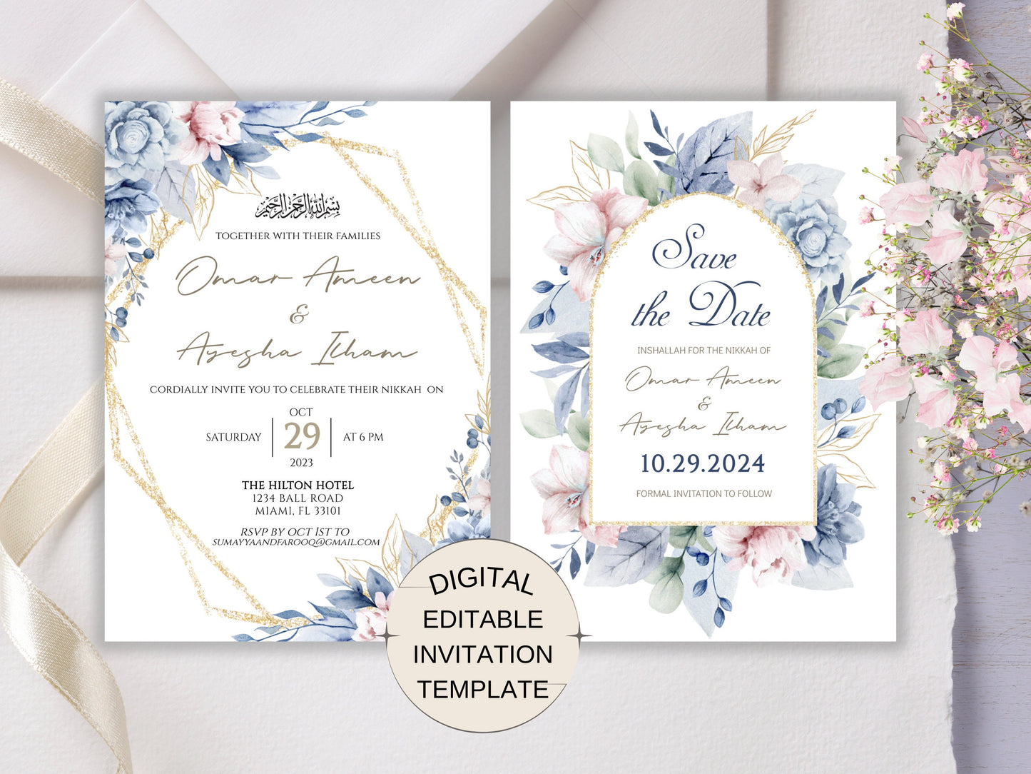 This formal Muslim wedding invitation has a dusty blue floral border and a matching save the date card