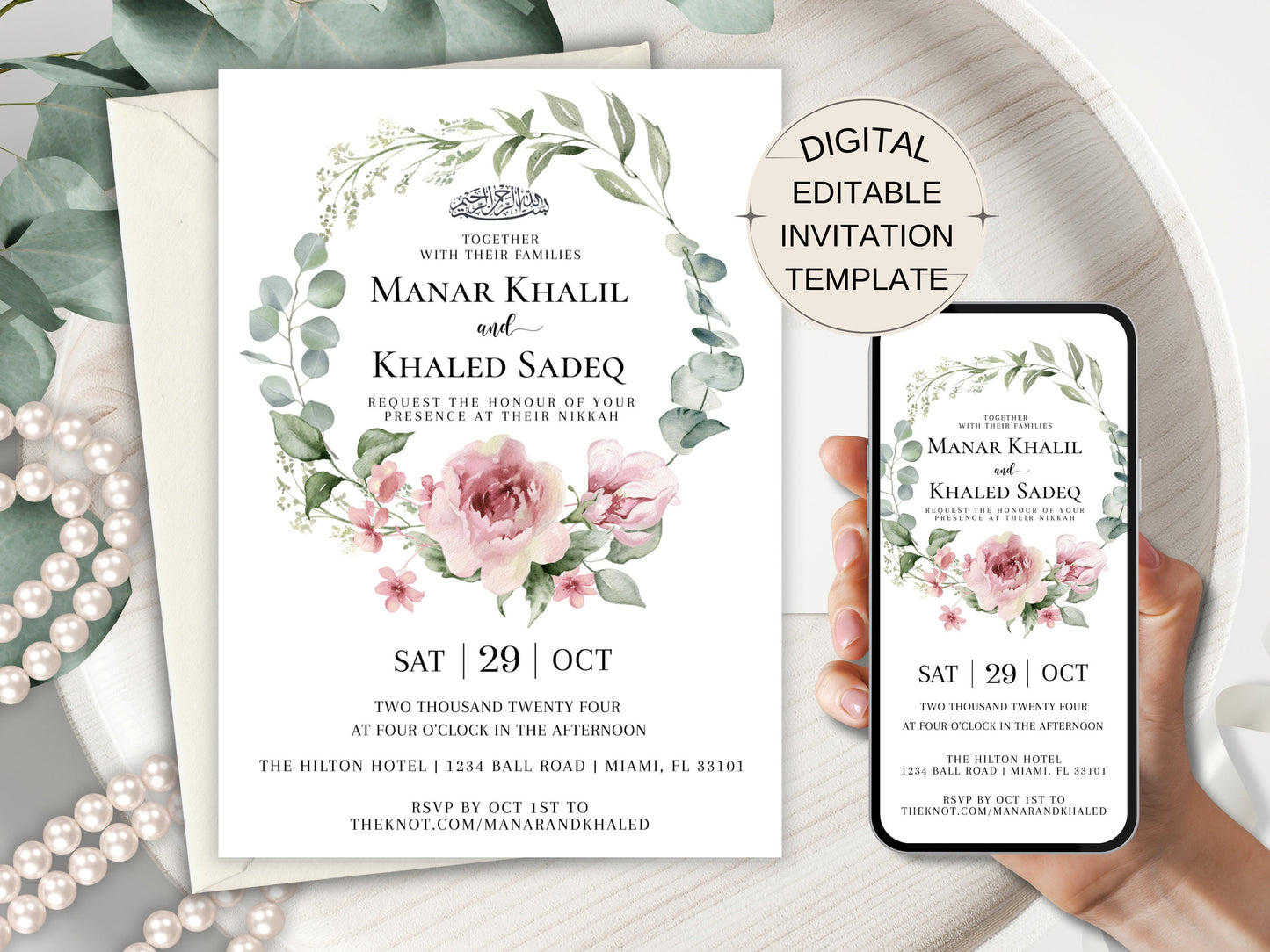 Floral Pink Wreath Muslim wedding invitation in a 5x7inch and mobile compatible jpeg.