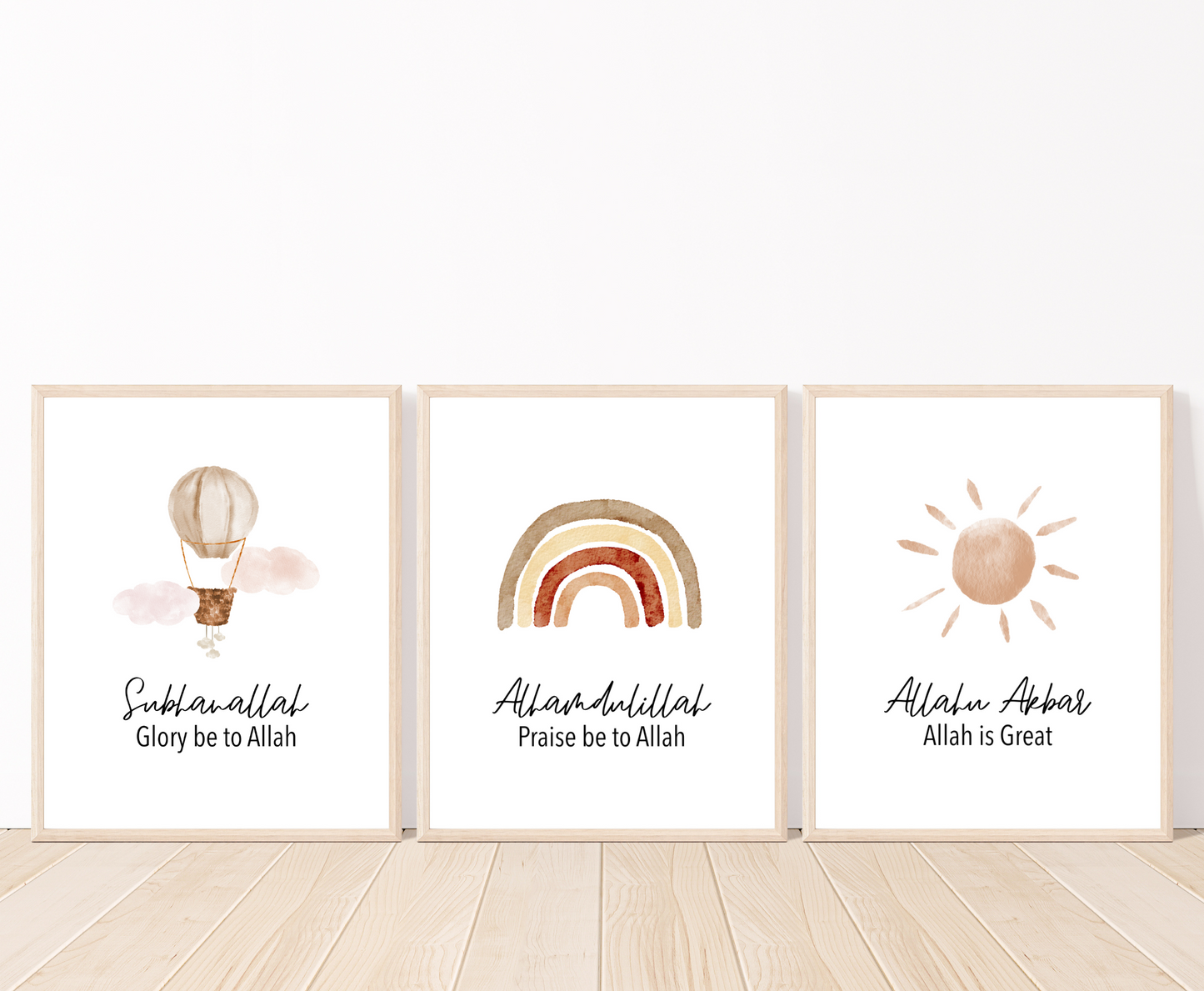 Three frames with three different graphics. The first one shows an air balloon with the word Subhanallah, Glory Be to Allah, written right below the latter. The middle one shows fall-colored rainbow design with the word Alhamdulillah, Praise Be to Allah below. The last one shows a sun with the word Allahu Akbar, Allah is great, written below.