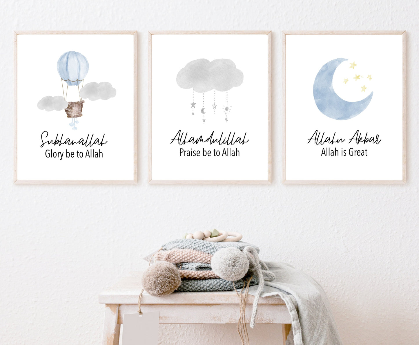 Three frames with three different graphics. The first one shows an air balloon with the word “Subhanallah”, Glory Be to Allah, written below. The middle one shows a gray cloud design with the word “Alhamdulillah”, Praise Be to Allah below. The last one shows a baby blue crescent and tiny yellow stars with the word “Allahu Akbar”, Allah is great, written below.