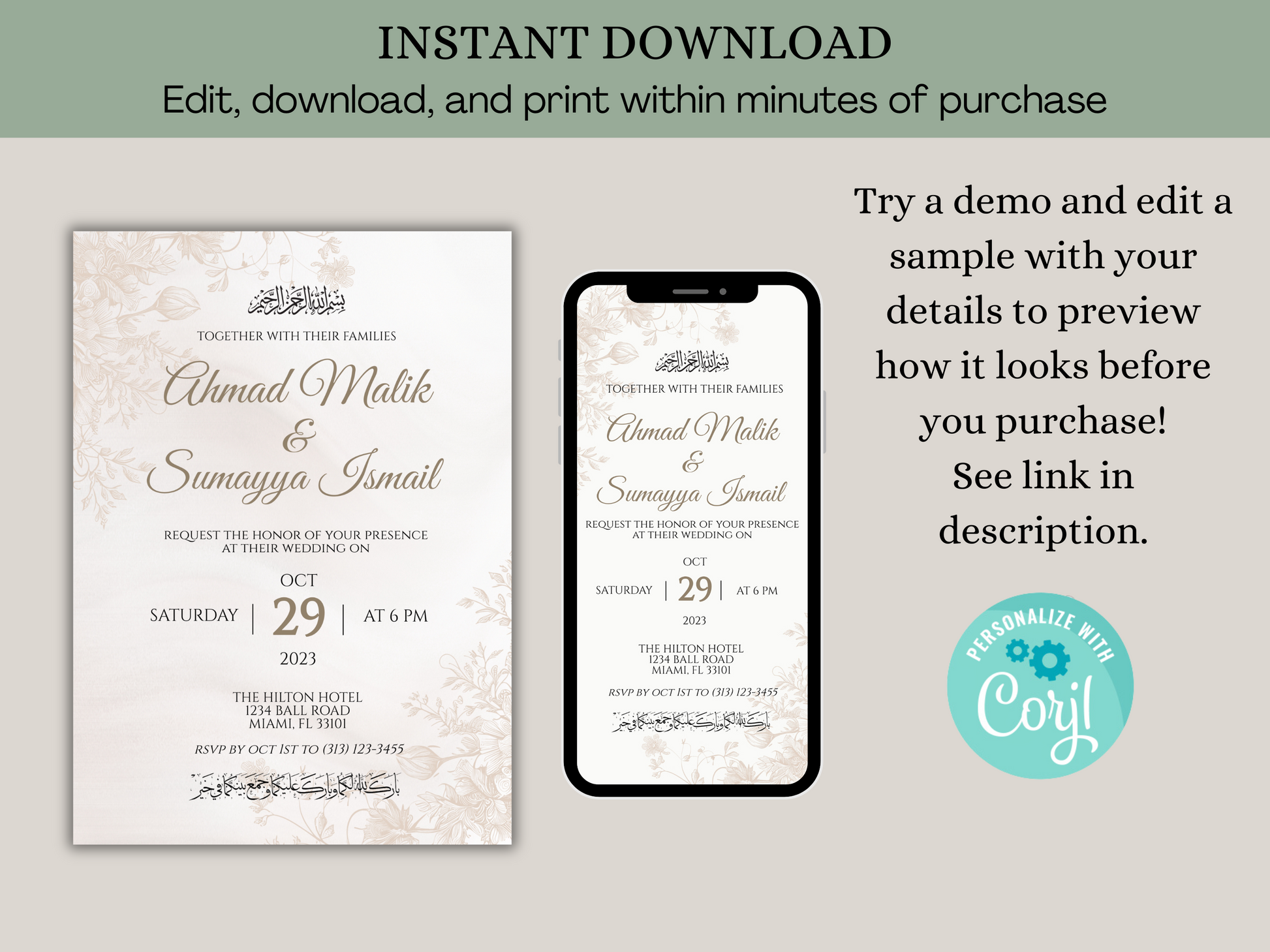 Instantly download your wedding invitation islamic and download within minutes of purchase. 