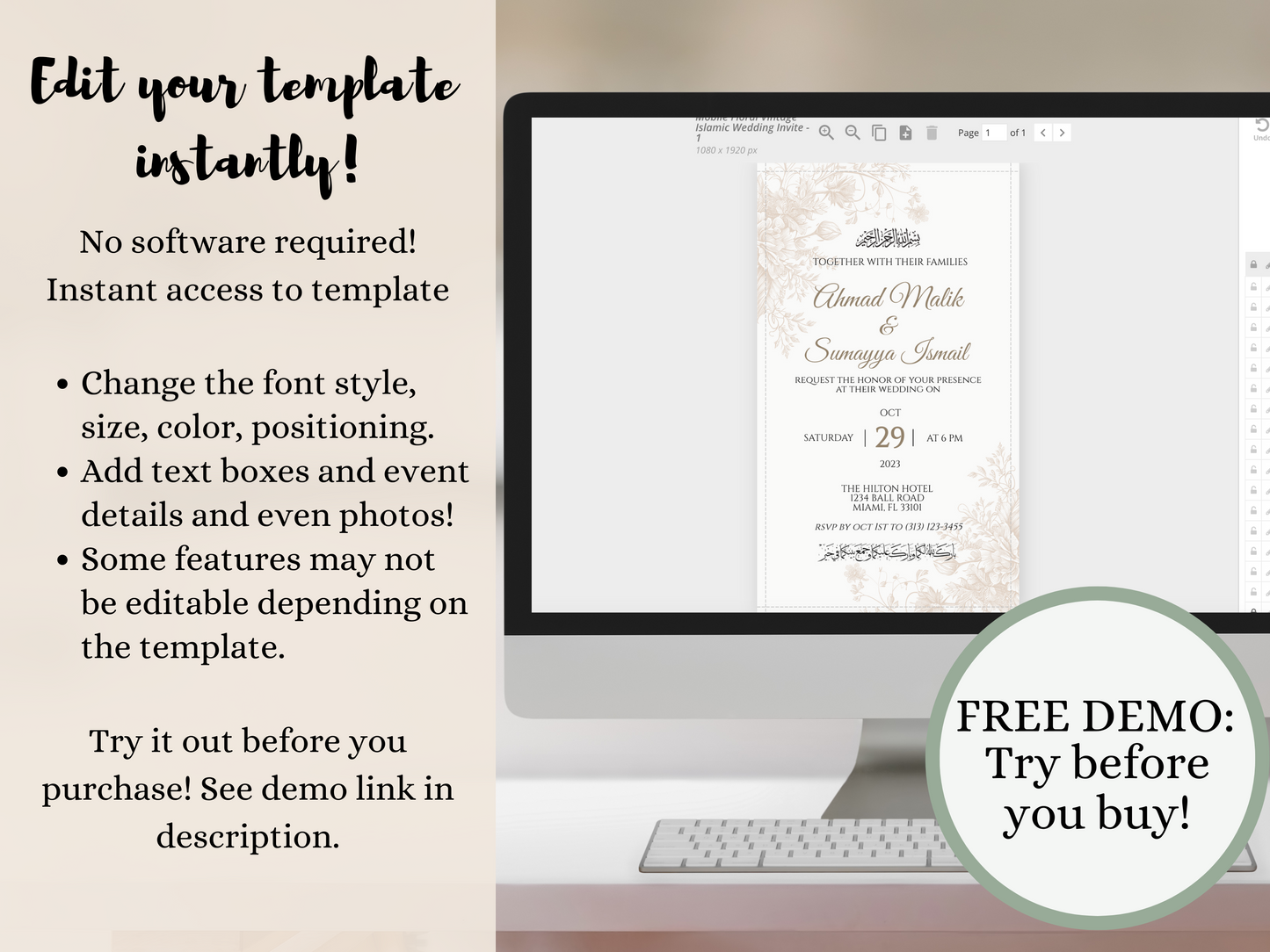 edit islamic wedding invitation template on your desktop and demo before you buy.