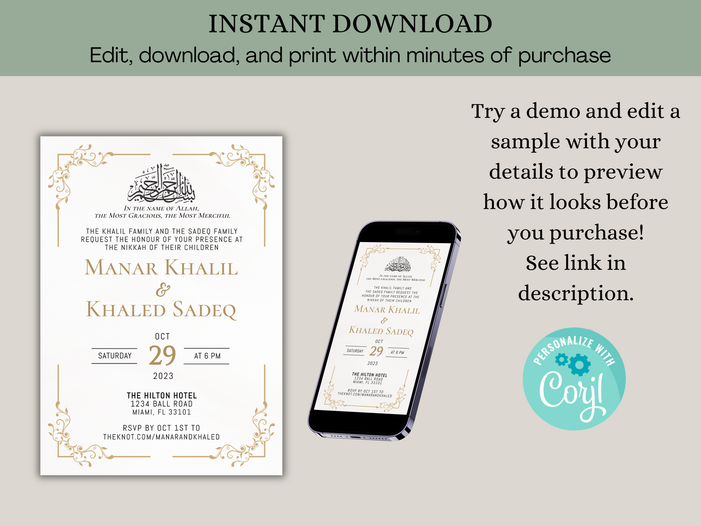 edit, download, and print invitation within minutes of purchase. 