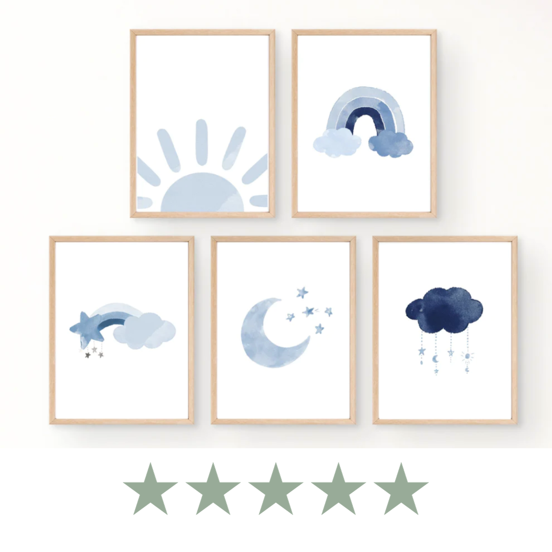 Five frames showing blue graphics. The first one shows a baby blue sun at the base of the frame, the second one shows a rainbow in different shades of blue, the third one shows a blue cloud and a blue star with a rainbow in different shades of blue right behind them. The fourth one shows a blue crescent moon with tiny blue stars right beside it. While the fifth frame shows a dark blue cloud with tiny blue crescent moons and stars dangling from it.