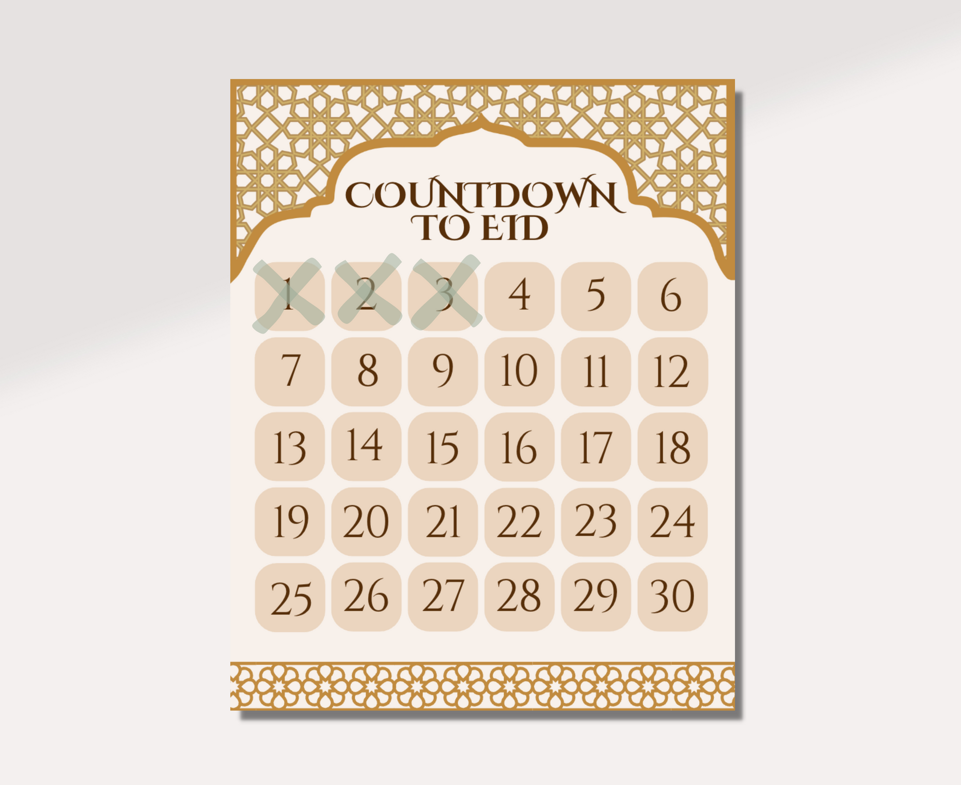Countdown to Eid print with Days 1, 2, and 3 crossed out in green.