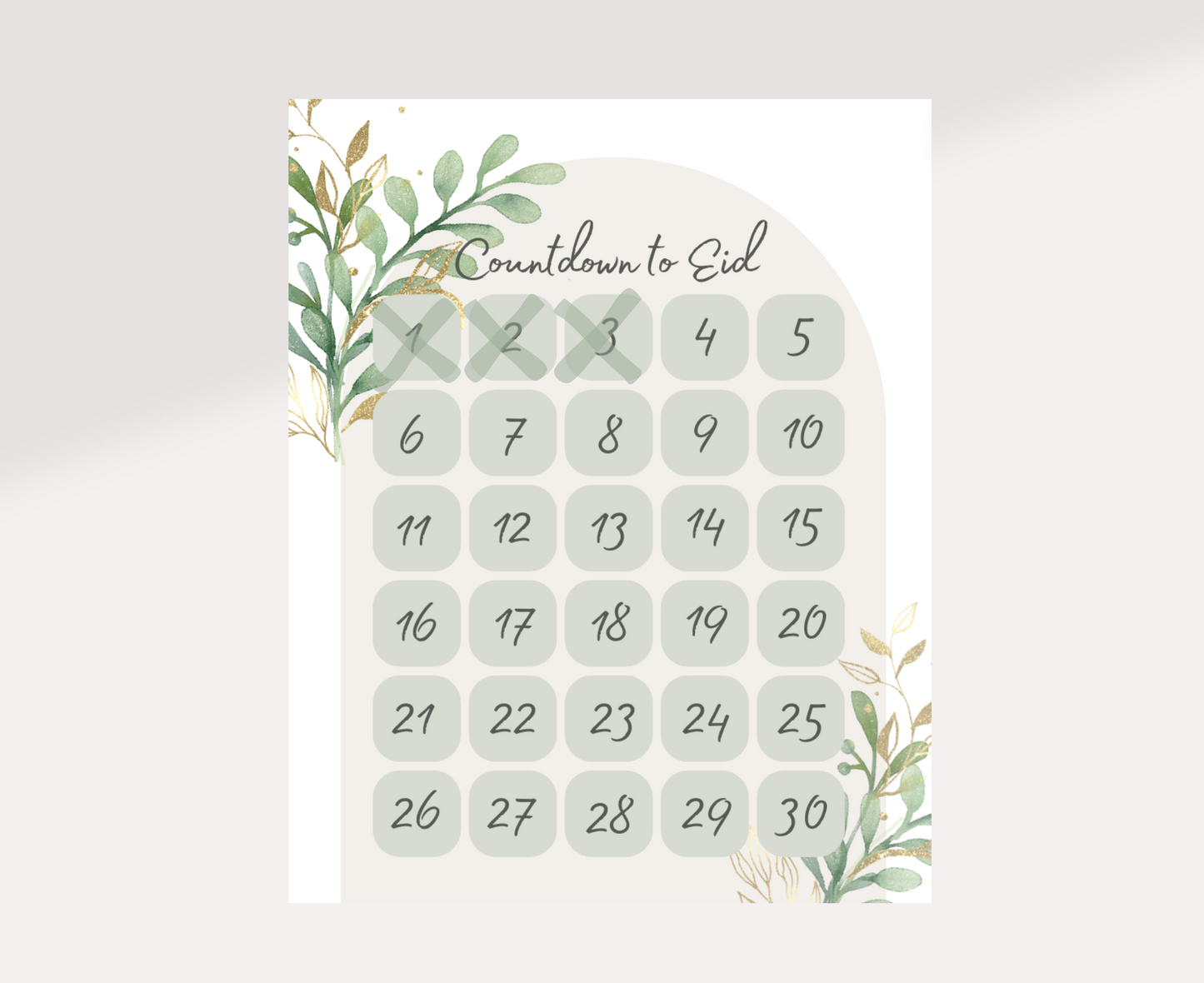 Countdown to Eid print with Days 1, 2, and 3 crossed out in green.