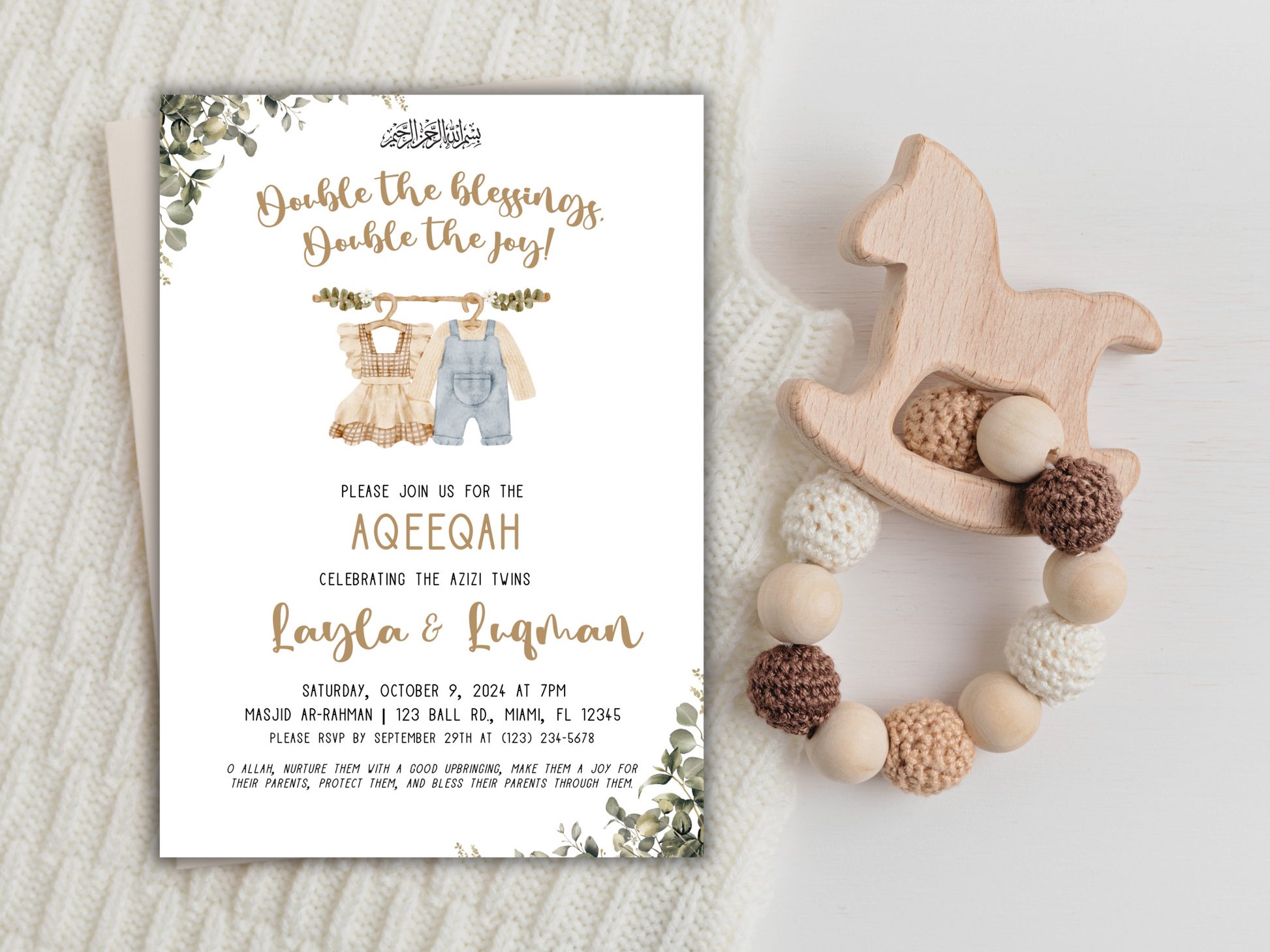 twin baby girl and boy muslim aqiqah invitation cards