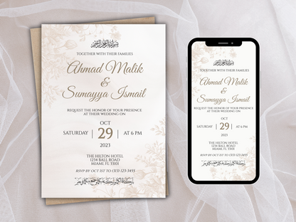 Islamic wedding invitation template with 5x7 card and mobile invite. 