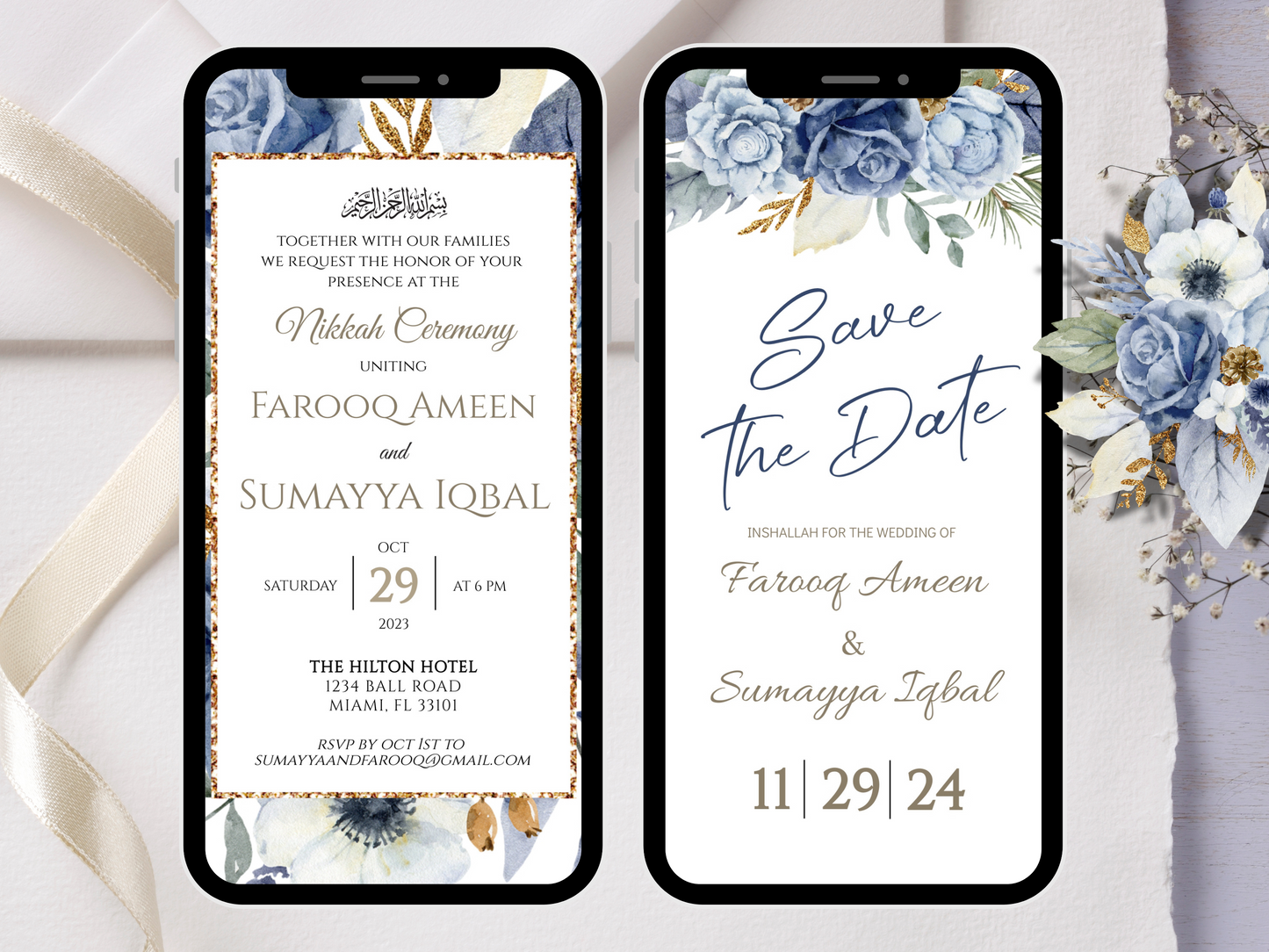 dusty blue islamic wedding invitation