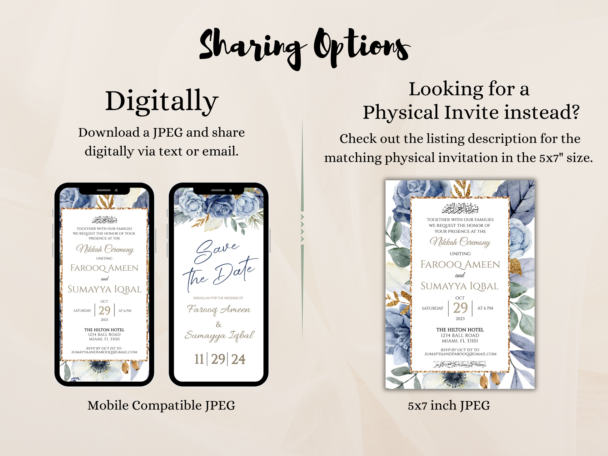 sharing options for digital islamic marriage invitation card