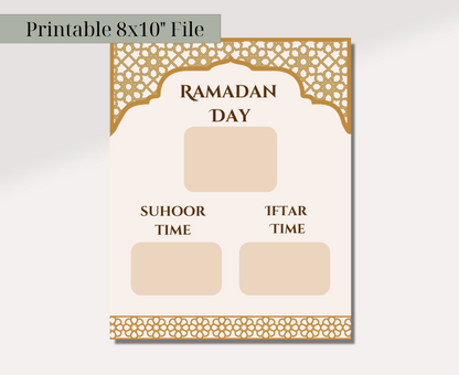  Ramadan Calendar Tracker print displayed on a wooden background. It has Ramadan Day, Suhoor Time, and Iftar Time.