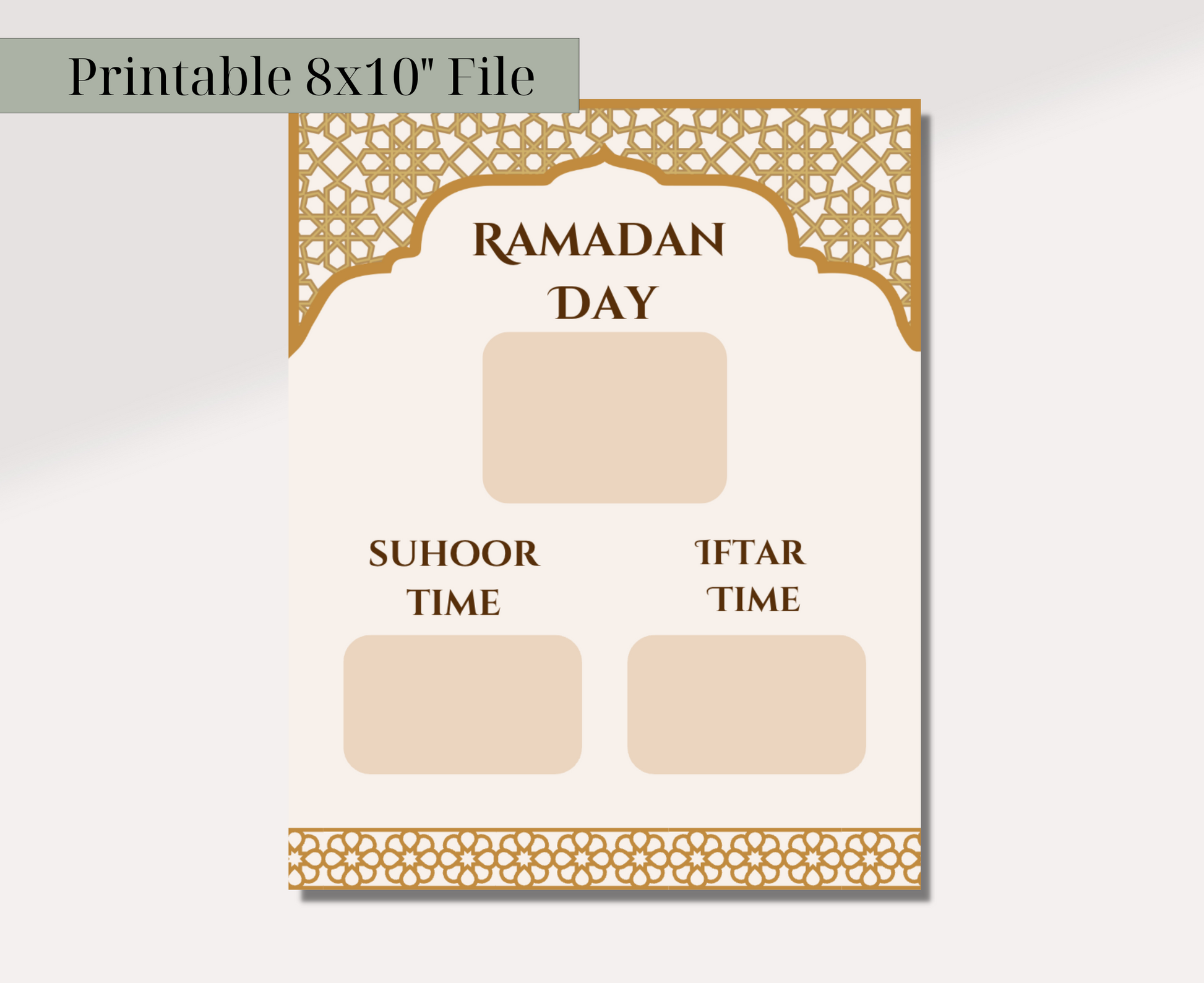 Ramadan Calendar Tracker print displayed on a wooden background. It has Ramadan Day, Suhoor Time, and Iftar Time.