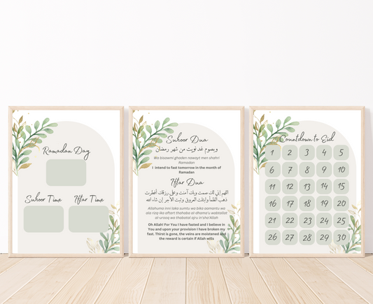 Three framed Ramadan Decoration printables. First frame has suhoor and iftar dua in Arabic and English, second frame shows Ramadan Calendar Tracker, and third frame shows Countdown to Eid. 