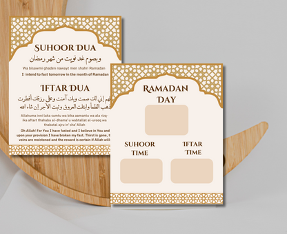 Two framed Ramadan Decoration printables. First frame has suhoor and iftar dua in Arabic and English, second frame shows Ramadan Calendar Tracker.