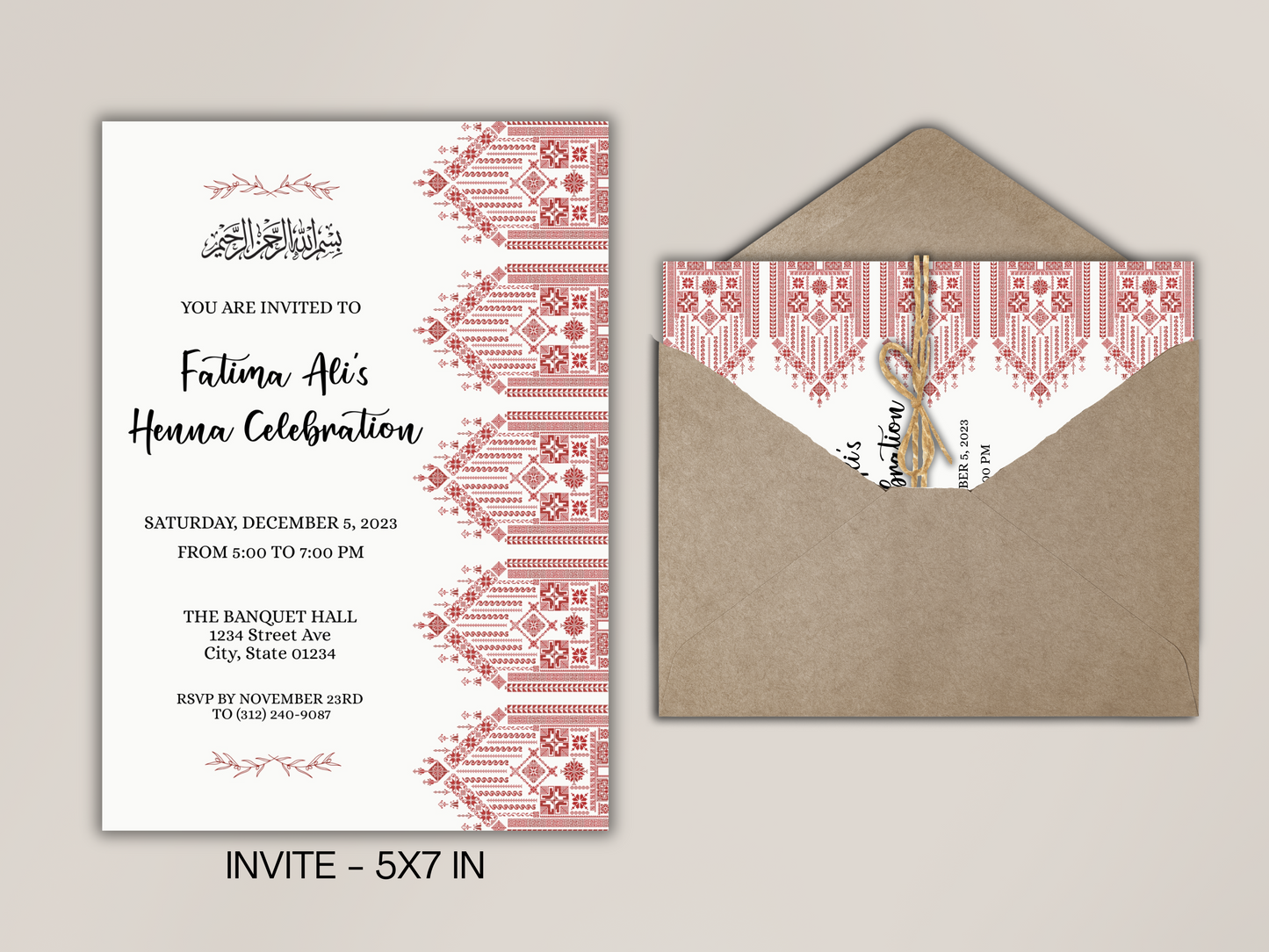 Muslim Wedding Invitation Card Design 5x7 in with envelope.