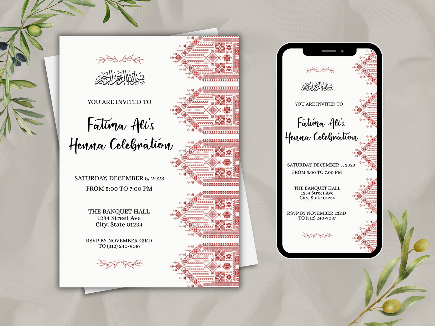 Red Palestinian Henna Islamic Wedding Invitation Card with Mobile Template. 