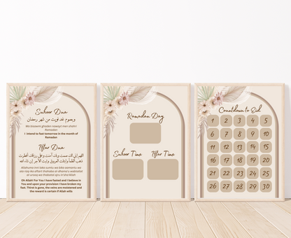 Three framed Ramadan Decoration printables. First frame has suhoor and iftar dua in Arabic and English, second frame shows Ramadan Calendar Tracker, and third frame shows Countdown to Eid. 