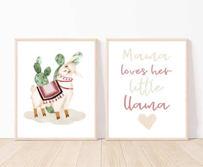 An image of two digital graphics. The first one displays an illustration of a cute lama wearing a red tapestry with a green cactus right behind it, while the other one includes a piece of writing in bold baby pink, grey, and red that says “Mama loves her little llama”.