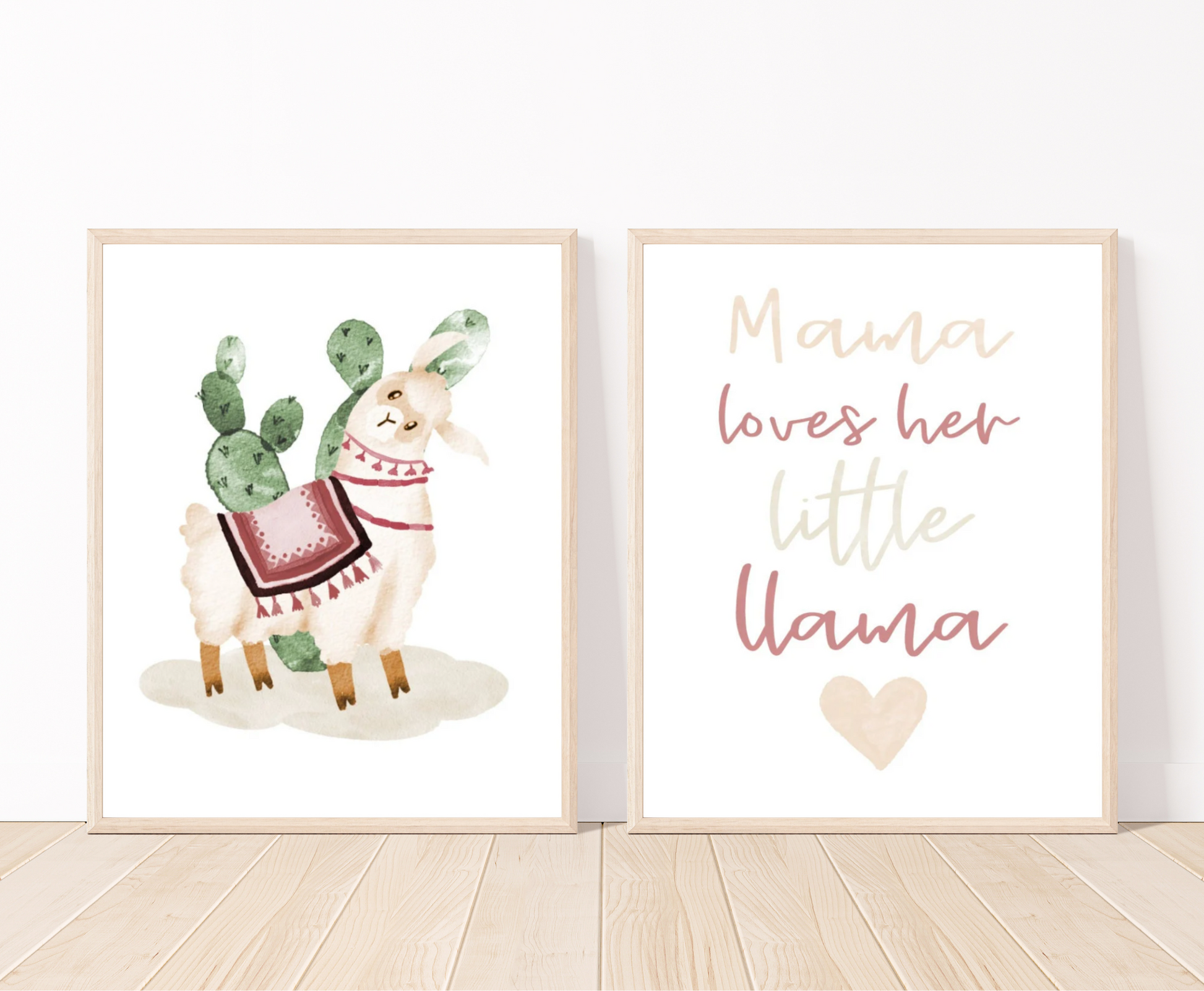 An image of two digital graphics. The first one displays an illustration of a cute lama wearing a red tapestry with a green cactus right behind it, while the other one includes a piece of writing in bold baby pink, grey, and red that says “Mama loves her little llama”.