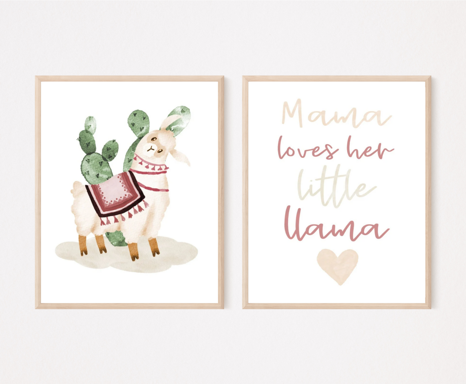 An image of two digital graphics. The first one displays an illustration of a cute lama wearing a red tapestry with a green cactus right behind it, while the other one includes a piece of writing in bold baby pink, grey, and red that says “Mama loves her little llama”.