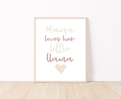 A graphic that includes a piece of writing in bold baby pink, grey, and red that says “Mama loves her little llama”. 