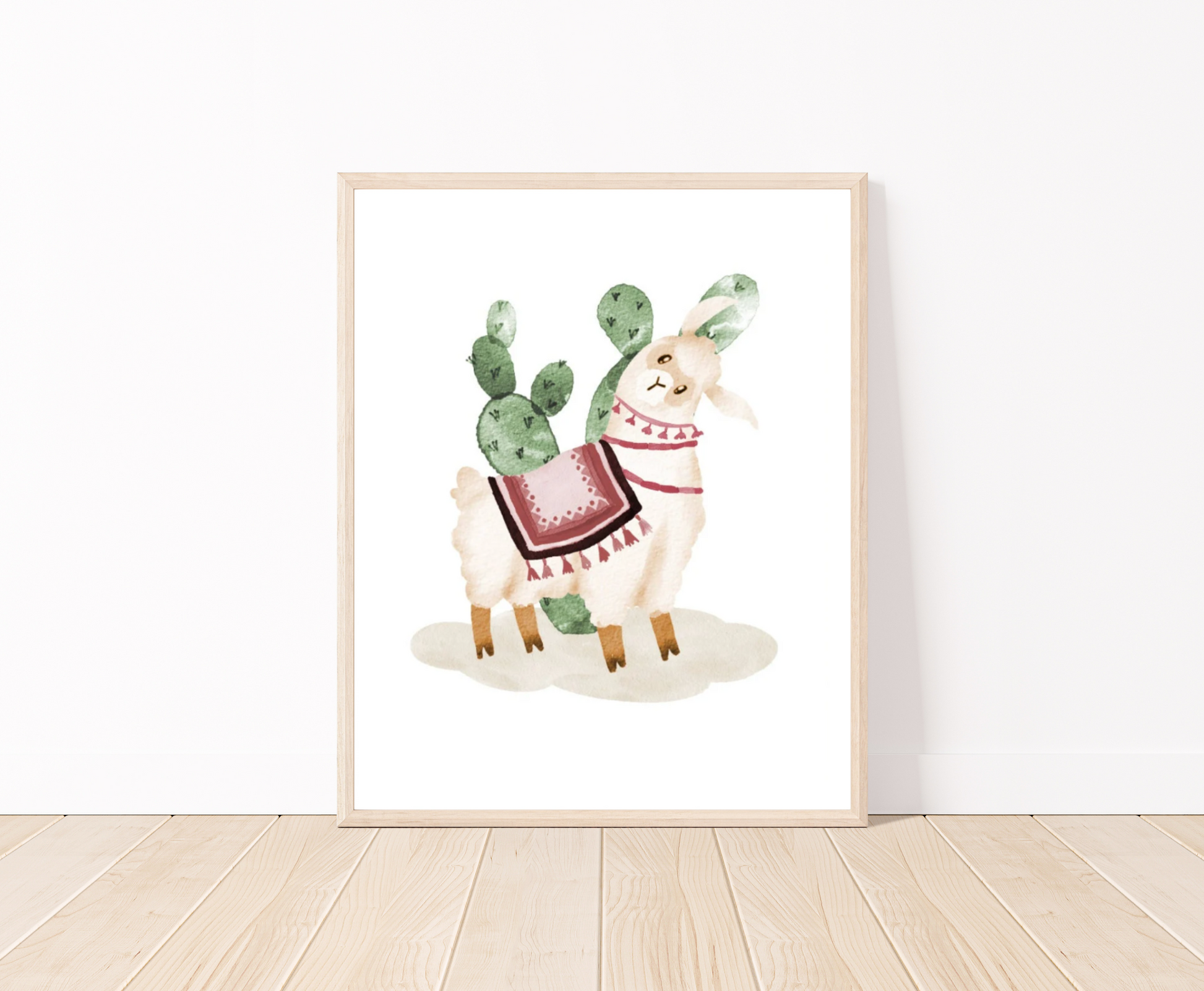 An image of a frame that shows an illustration of a cute lama wearing a red tapestry with a green cactus right behind it.