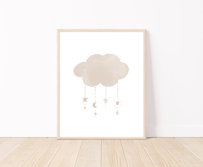 Baby’s digital poster in a frame showing a beige cloud with tiny stars dangling from it. The frame is placed on a parquet floor.