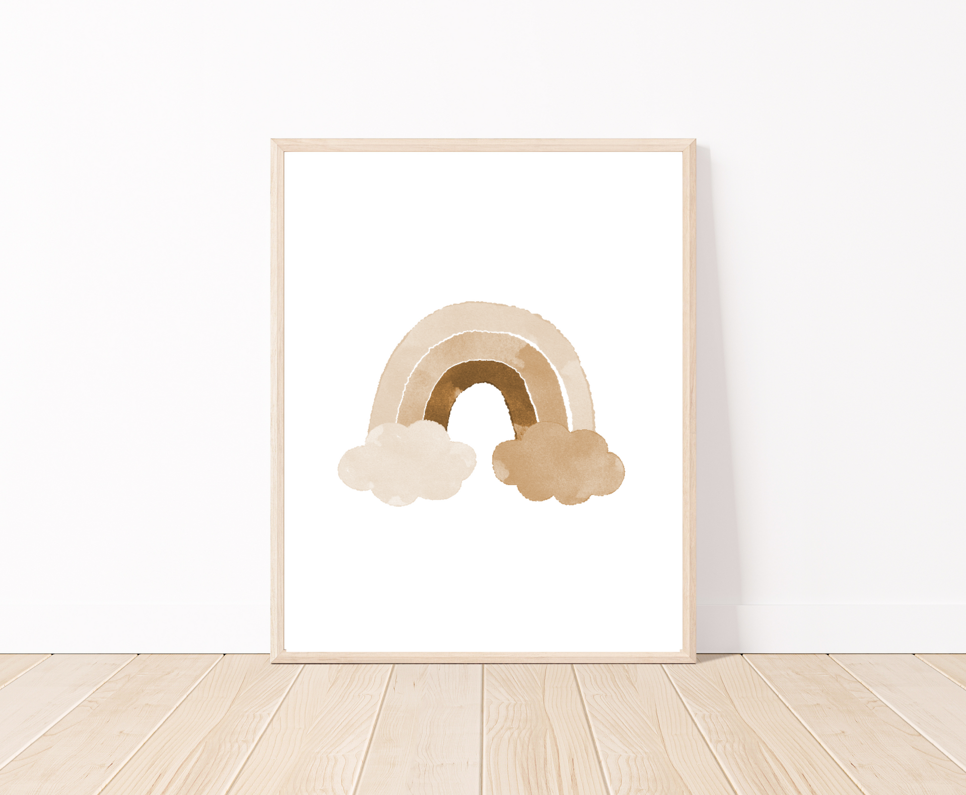 Baby’s digital poster showing a rainbow in different shades of beige behind two clouds. The frame is placed on a parquet floor.